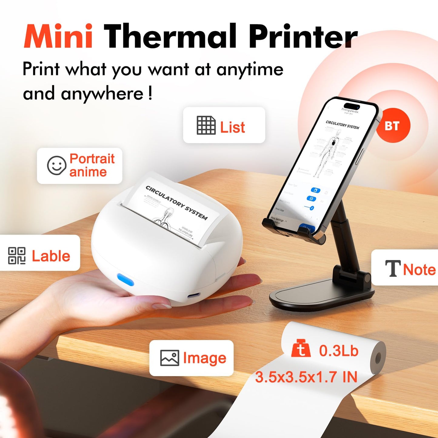 Sticker Printer, Mini Thermal Printer with 5 Rolls Paper ,Inkless Photo Maker for School Supplies & DIY Projects,Bluetooth Connection Portable Sticker