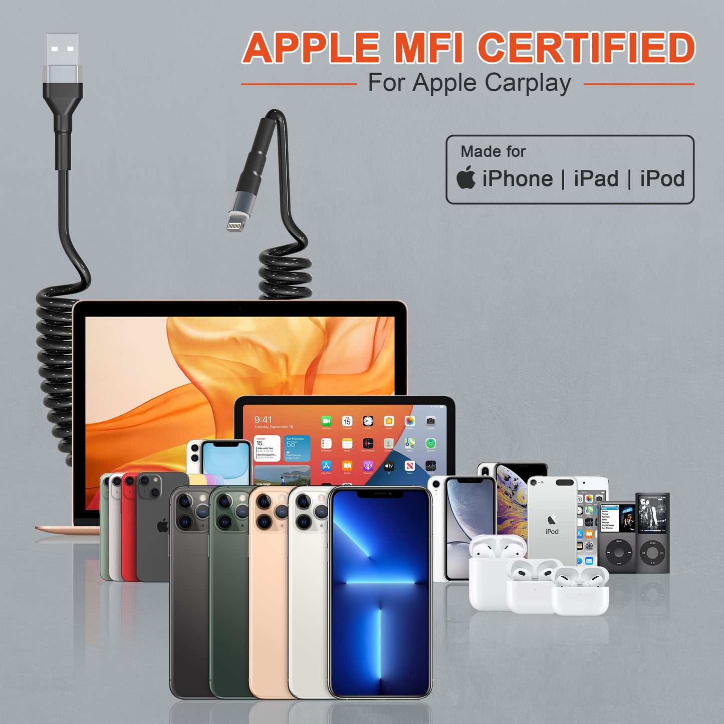 Coiled Lightning Cable Apple Carplay Compatible [Apple MFi Certified] Short USB to Lightning Apple Carplay Cable with Data Sync and LED, Retractable…