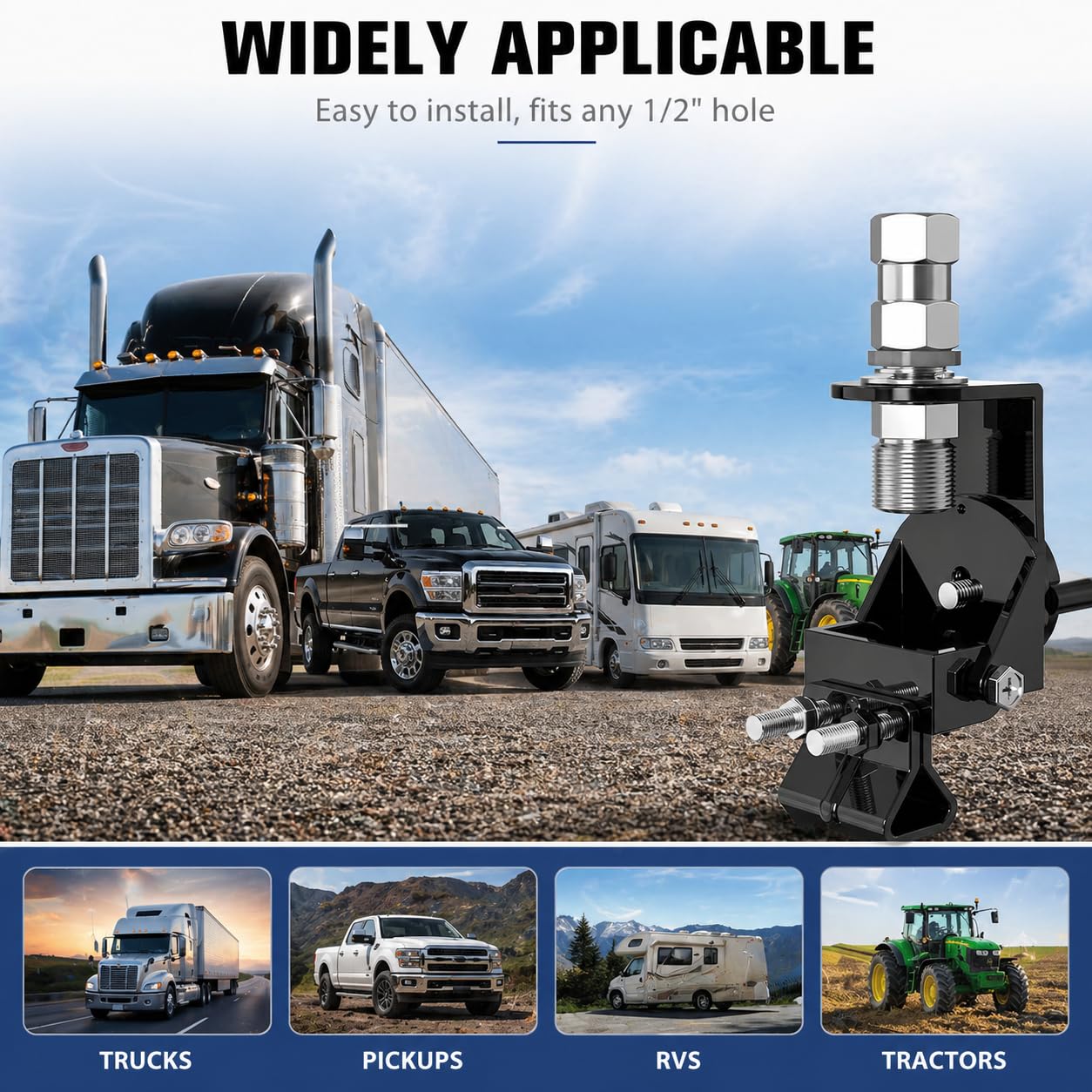 Heavy Duty SO-239 CB Antenna Stud Mount - 3/8" x 24 Thread Adapter, Universal 1/2" Hole Mount, CB Radio Antenna Connector for Trucks, Semis & Off-Road