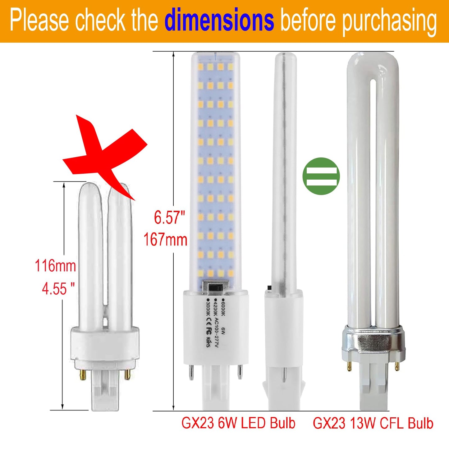Lidesheng GX23 LED Light Bulb 6W Replacement 13W CFL LED Stick PL Bulb GX23-2 Pin Base, 3 Color Selectable 3000K/4200K/6000K 360° Beam, Driven by