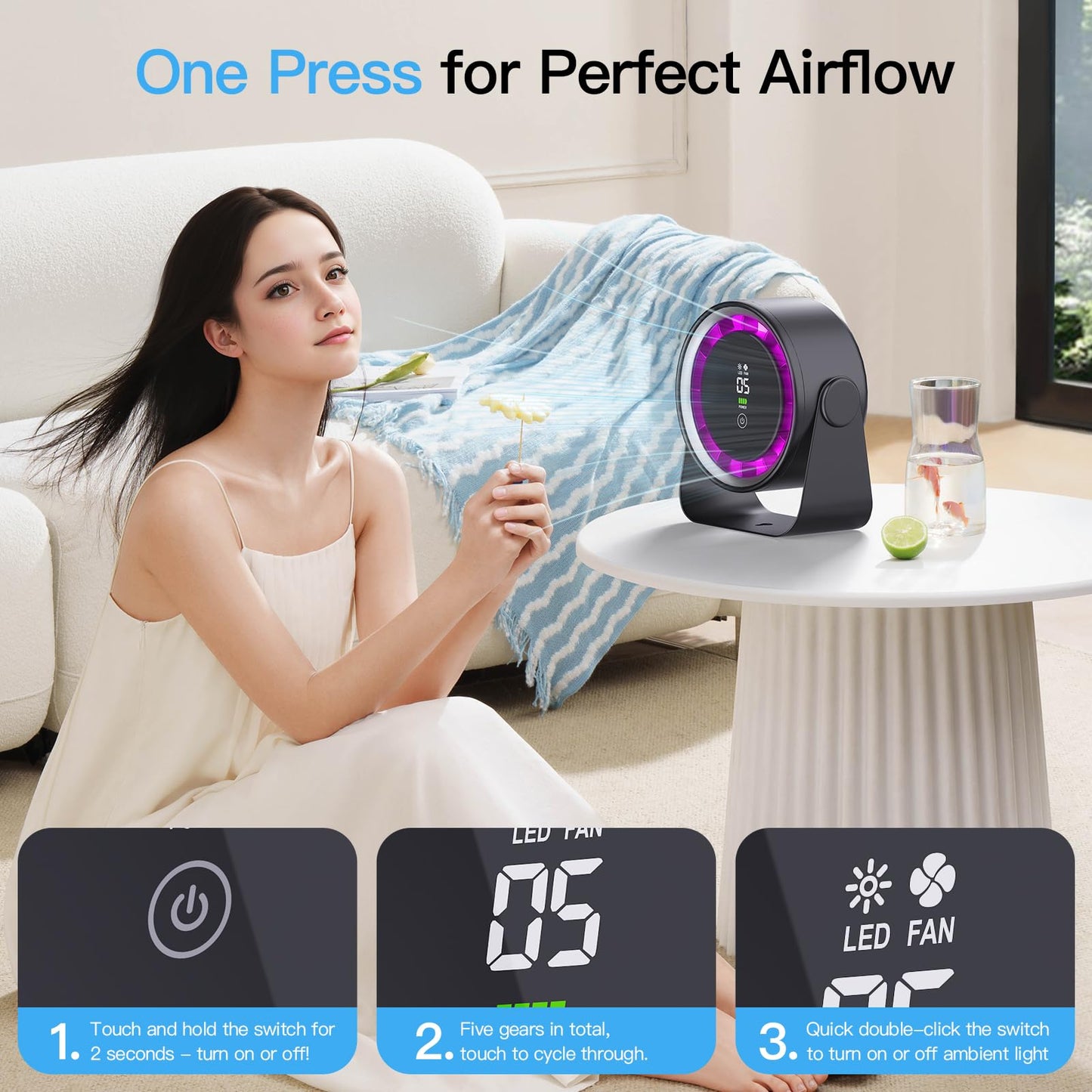 2025 Desk Fan, Turbo Table Cooling Fan for Bedroom, 5 Speeds Digital Display, 30dB Ultra Quiet, 360° Adjustable Tilt, 5.9", Rechargeable, Wall