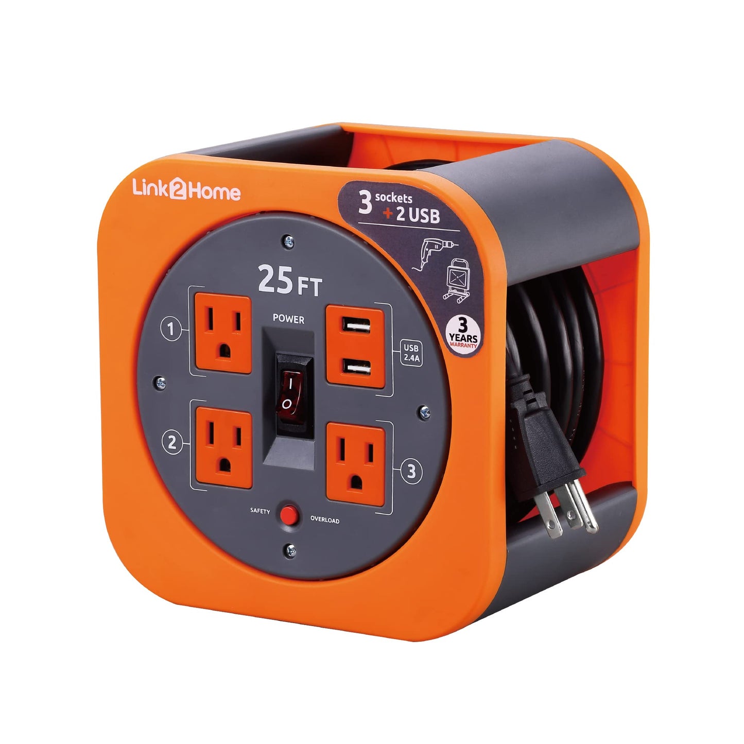 Link2Home Cord Reel 25 ft. Extension Cord 4 Power Outlets, 2 USB Ports, 2.4A Fast Charge - 16 AWG SJT Cable.