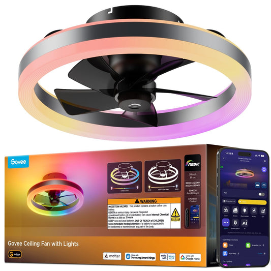 Govee Ceiling Fan with Lights, 20'' RGBIC Oscillating Flush Mount Fans