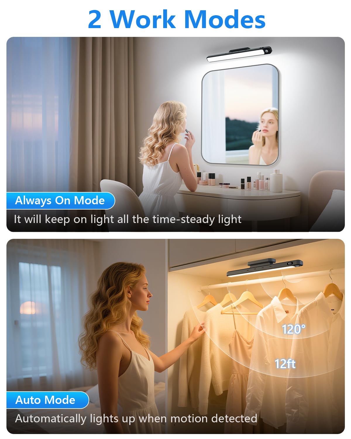 Ferswe 3W Motion Sensor Magnetic Light Bar,Eye-Friendly Rechargeable Closet Lights with Battery Display,2000mAh Vanity Lights for Mirror, Rechargeable