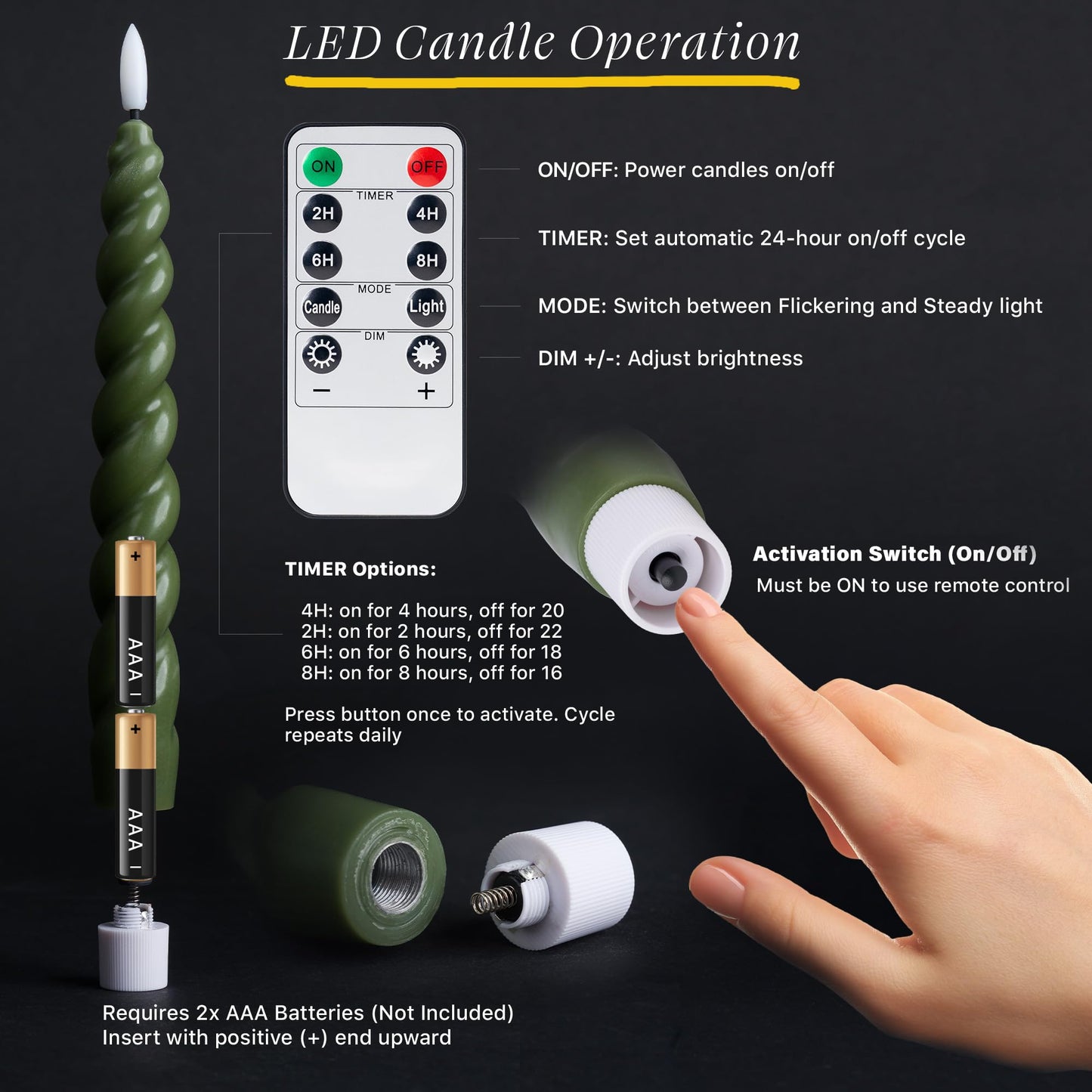 West Ivory Full Twisted Spiral Flameless LED Taper Candles - Loden Green, Set of 2 - 2/4/6/8-Hr Timer (24-Hr Memory), Remote, Dimmable, Bottom On/Off