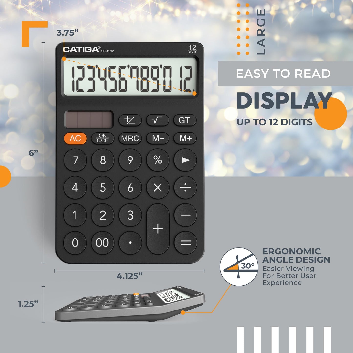 CATIGA 12 Digit Desktop Calculator with Large LCD Display, 4 Funtions Calculator, Round Design Big Button, Solar and Battery Dual Power, Standard