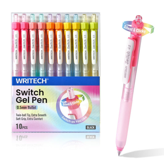 WRITECH Retractable Gel Ink Pens: 0.5mm Black-Ink Switch Between Silent and Clicky Soft Grip Fine Point Pen for Journaling Smooth Writing Quick-dry No