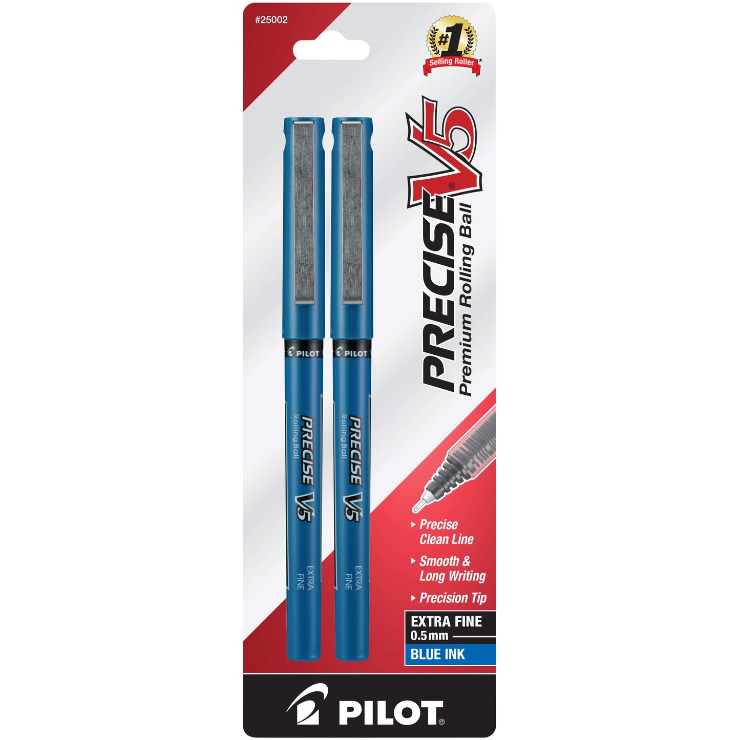 PILOT Precise V5 Stick Liquid Ink Rolling Ball Stick Pens, Extra Fine Point (0.5mm) Blue Ink, 2-Pack (25002)