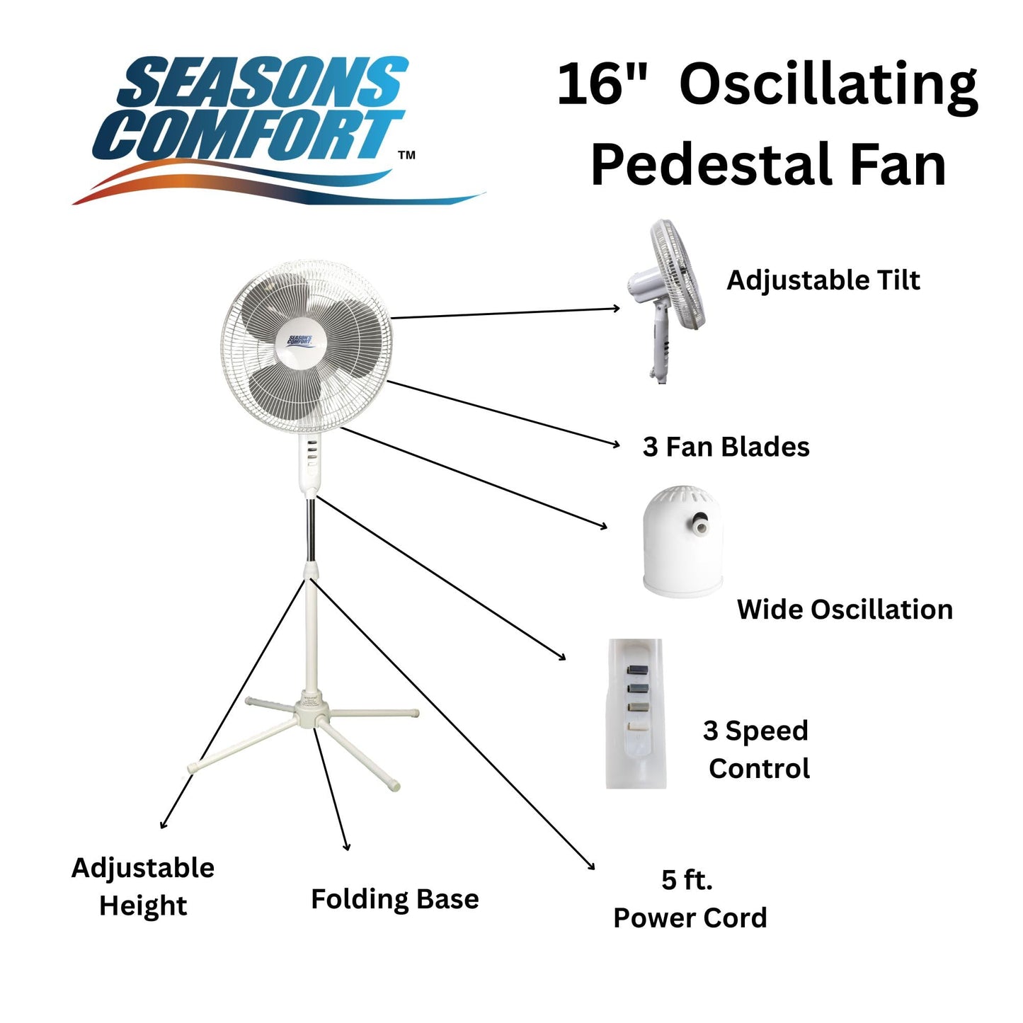Seasons Comfort 16 Inch Oscillating Pedestal Fan, White, 3 Speeds, Adjustable Height, Push Buttons, Quiet - Electric Cooling Fan for Home, Office