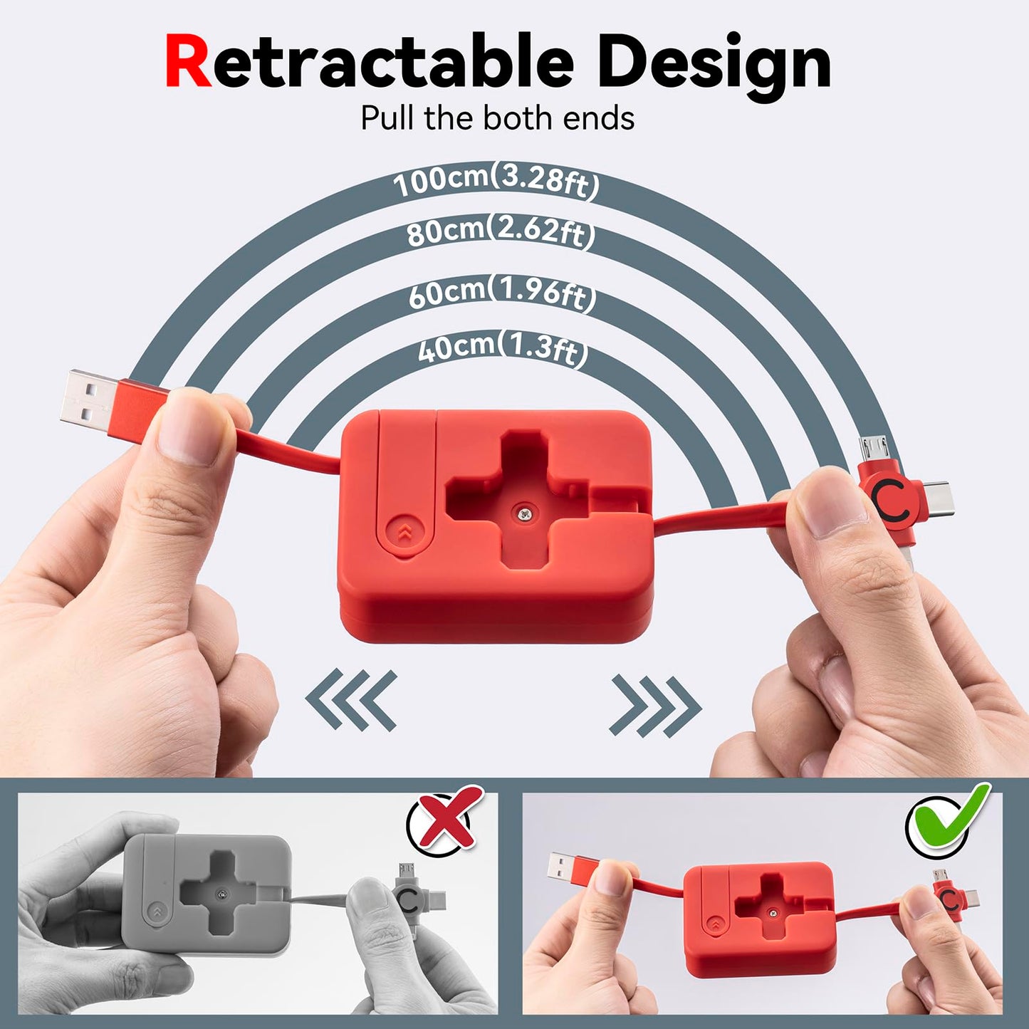 2Pack 3 in 1 Fast Charging Cable, 3A Retractable USB Charger Cable with IP/USB C/Micro Ports, Phone Holder, Multiple Fast Charging Cord for Cell