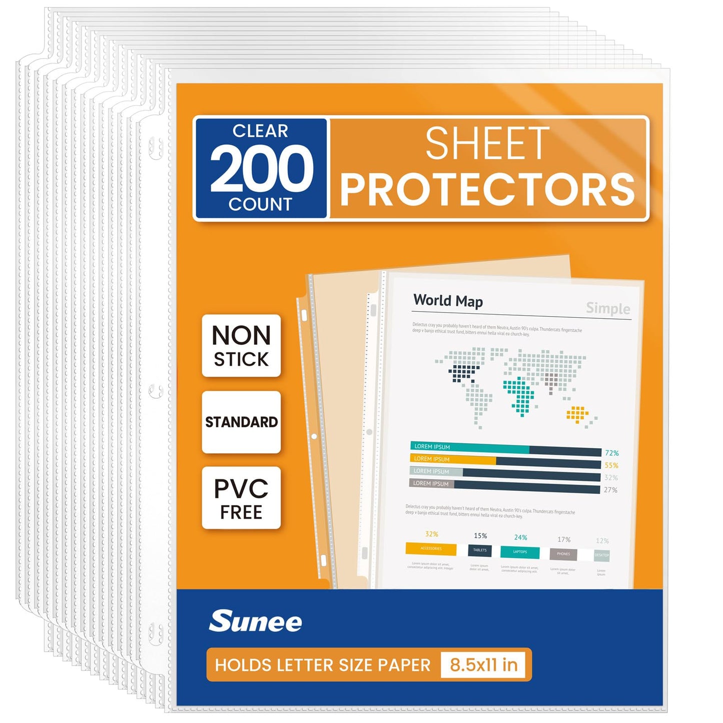 SUNEE Sheet Protectors 200 Packs for 3 Ring Binder, PVC-Free Clear Page Protectors 8.5x11 Inches Plastic Cover for Paper, Documents, Photos, Top