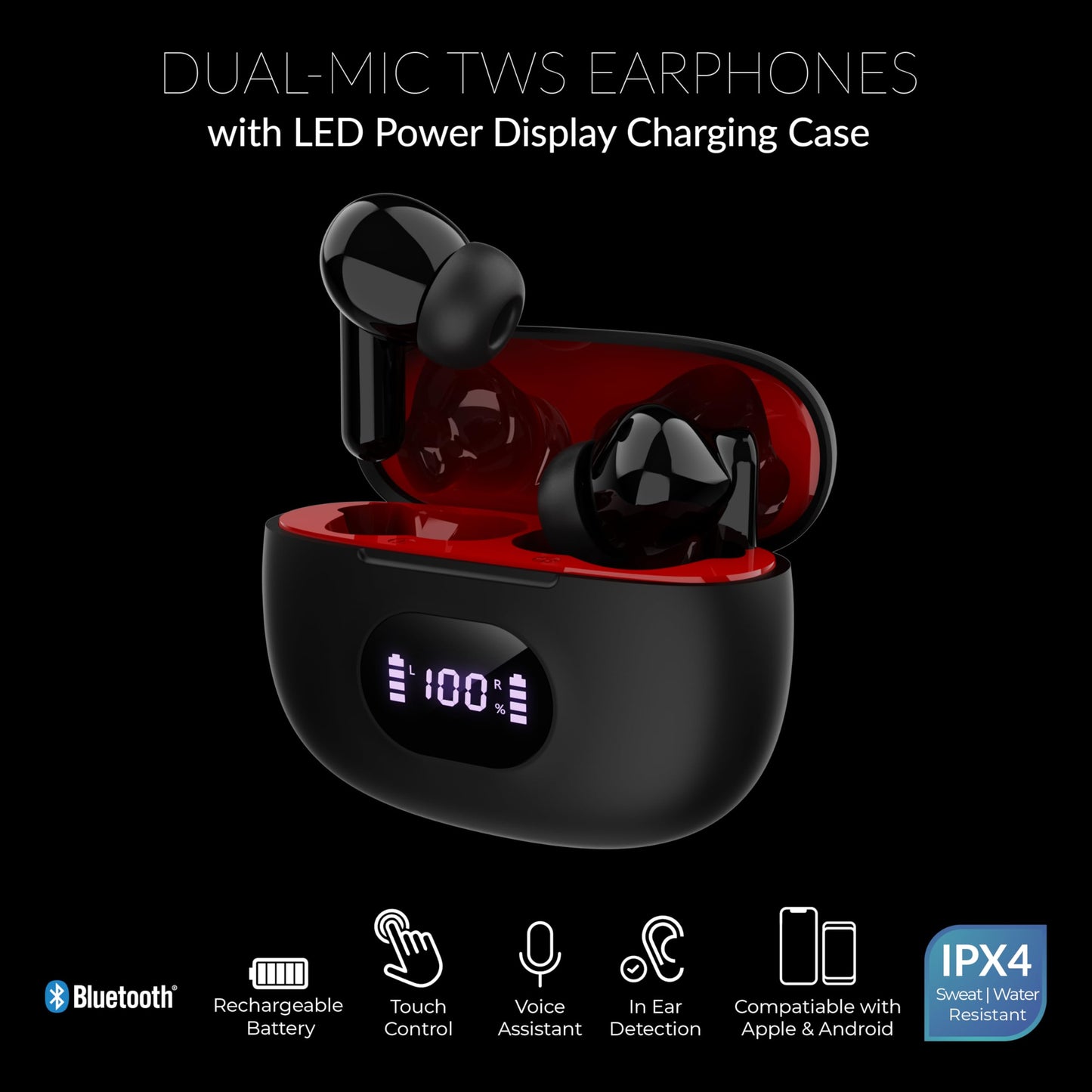 IQ Sound IQ-243TWS Dual-micTWS Earphones and LED Power Display, Amazing Stereo Sound Earbuds, Water Resistance, In-Ear Position Detection, Voice…