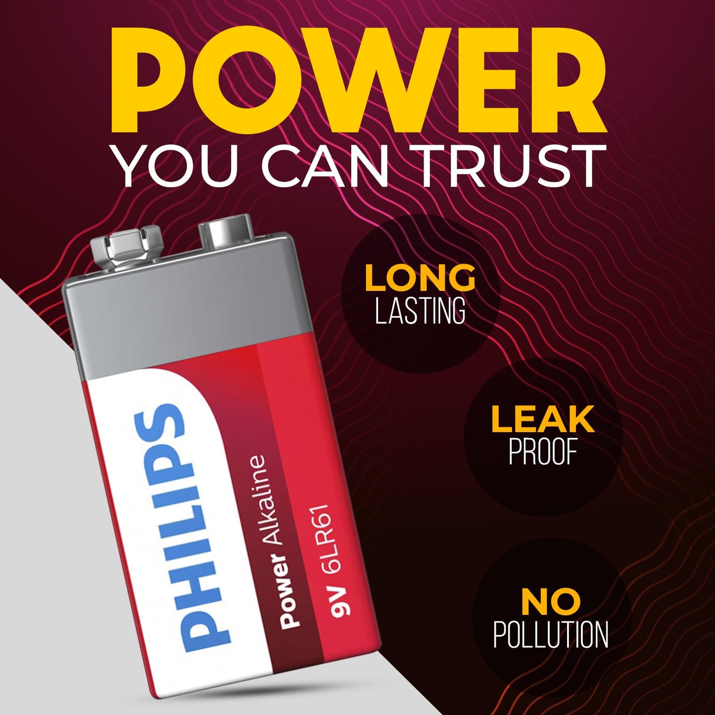PHILIPS 9V Batteries - Power Alkaline 9 Volt Battery 4 Pack, Long Lasting Power Up to 5 Years in Storage, 9v Batteries Leak Proof Design, All Purpose…