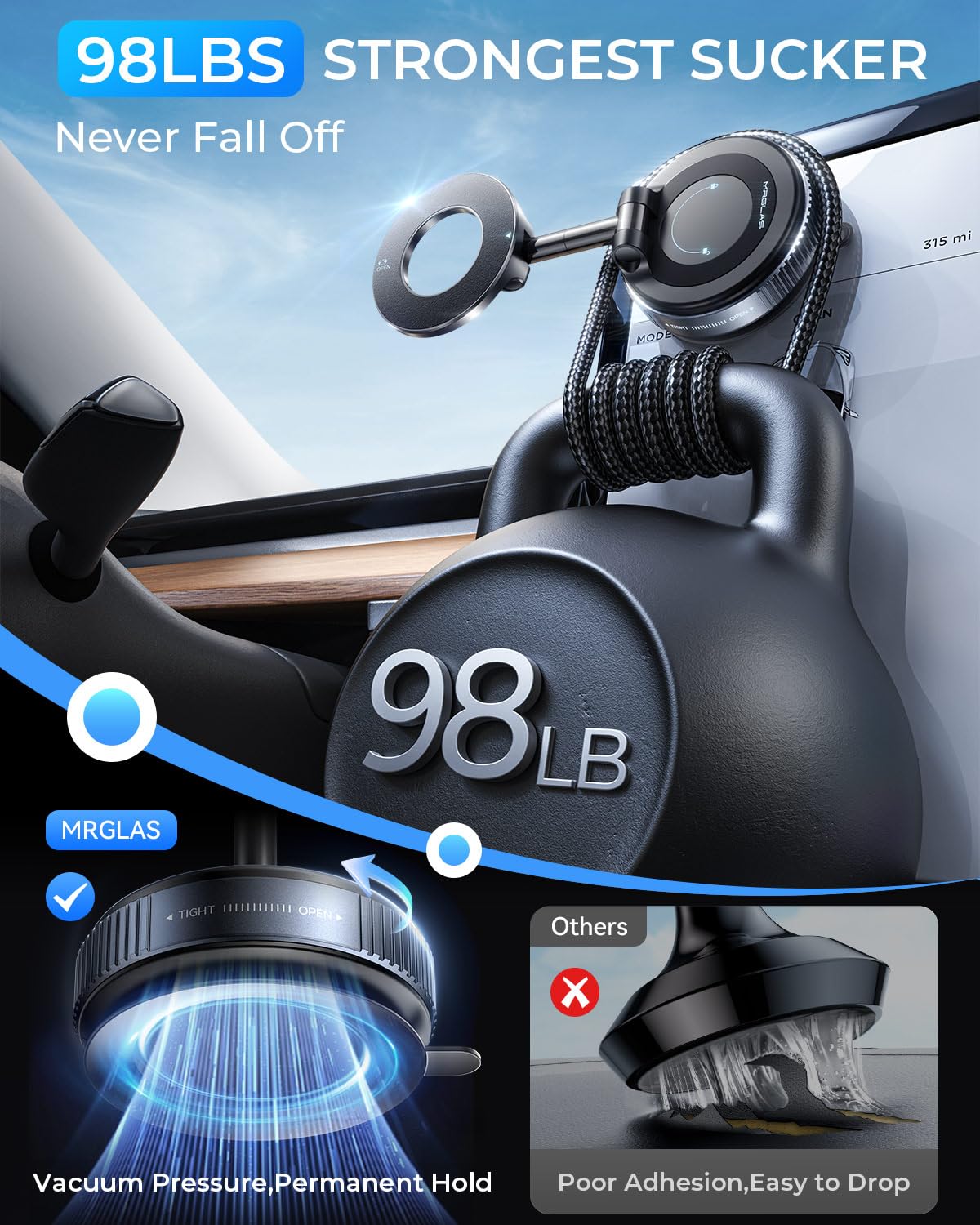 MRGLAS 2026 Upgraded for MagSafe Vacuum Car Phone Mount, 2800gf Strong Magnetic Phone Holders for Your Car, 360° Adjustable 98LBS Suction Cup Car