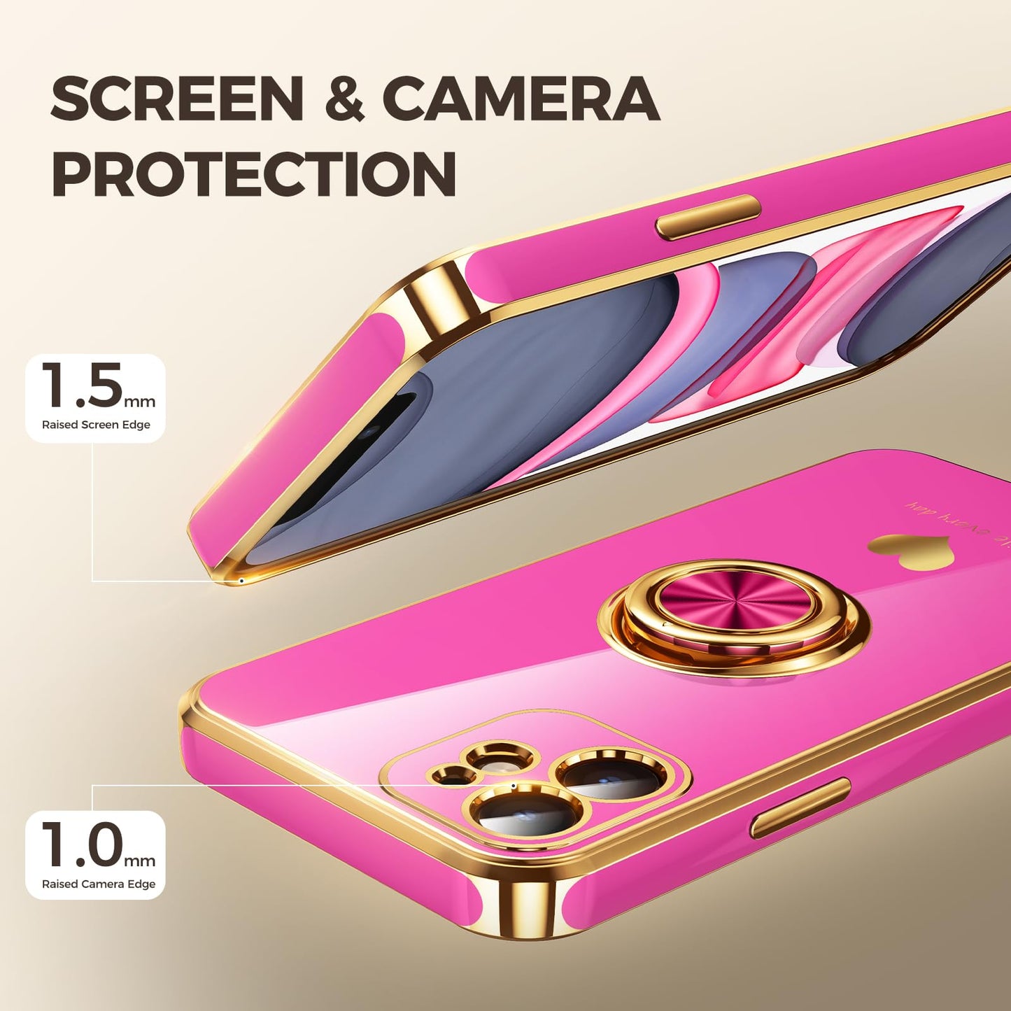 Nonional Compatible for iPhone 11 Case with 2 Pack Screen Protector, 360° Rotatable Ring Holder [Luxury Hearts Pattern] Plating Gold Edge Slim Soft