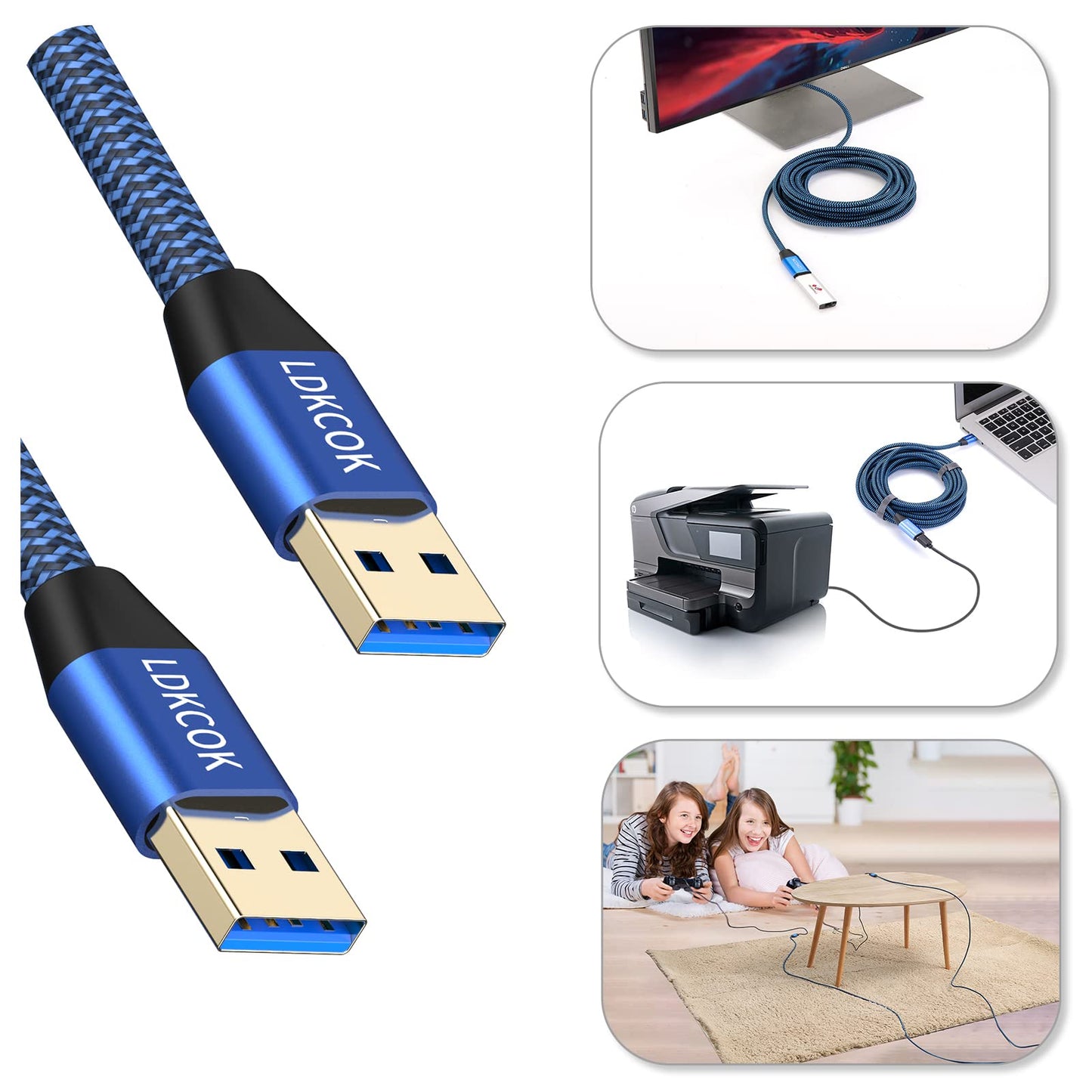 USB to USB Cable 20FT,Durable Braidedfor USB 3.0 Male to Male Type A to Type A Cable Data Transfer Compatible with Hard Drive, Laptop, DVD Player, TV