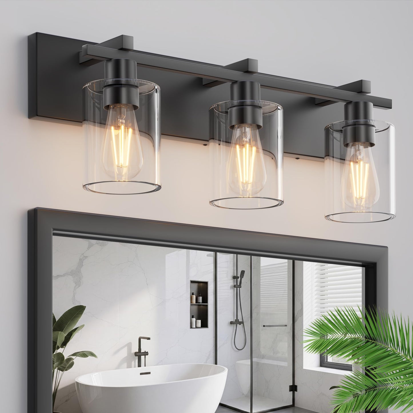 Espird Bathroom Vanity Light,3 Light Matte Black Light Fixture with Thickened Clear Glass Shade, 21 inch Dimmable Modern Wall Sconce, Bathrooms Vanity