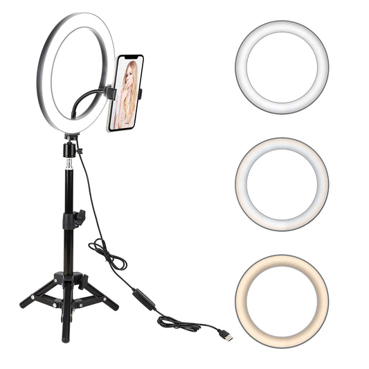 10" LED Selfie Ring Light with Tripod Stand & Cell Phone Holder for Tiktok/Live Stream/Makeup, BONFOTO Dimmable Desktop Camera Ringlight for YouTube