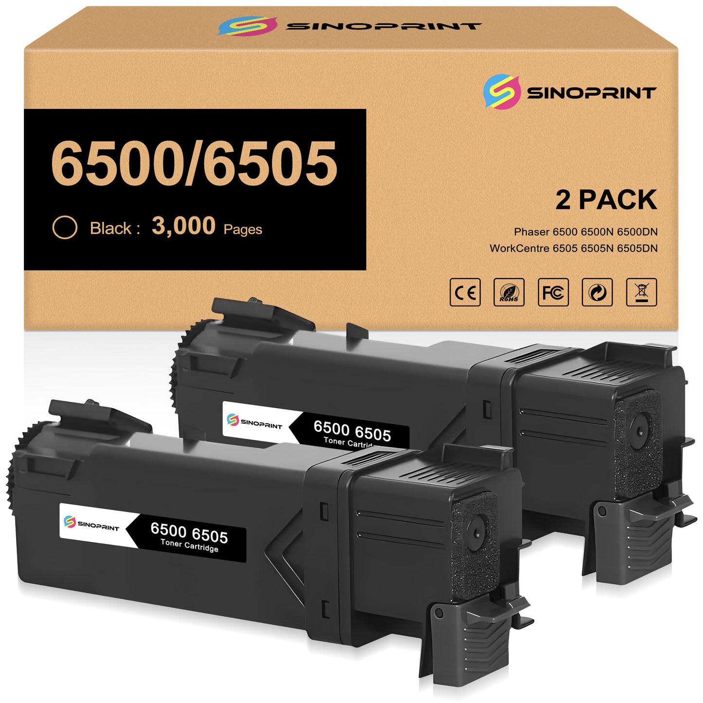 SINOPRINT Phaser 6500 WorkCentre 6505 Black Toner Cartridges Replacement 106R01597 for Xerox Phaser 6500 6500N 6500DN WorkCentre 6505 Printer (2 Packs
