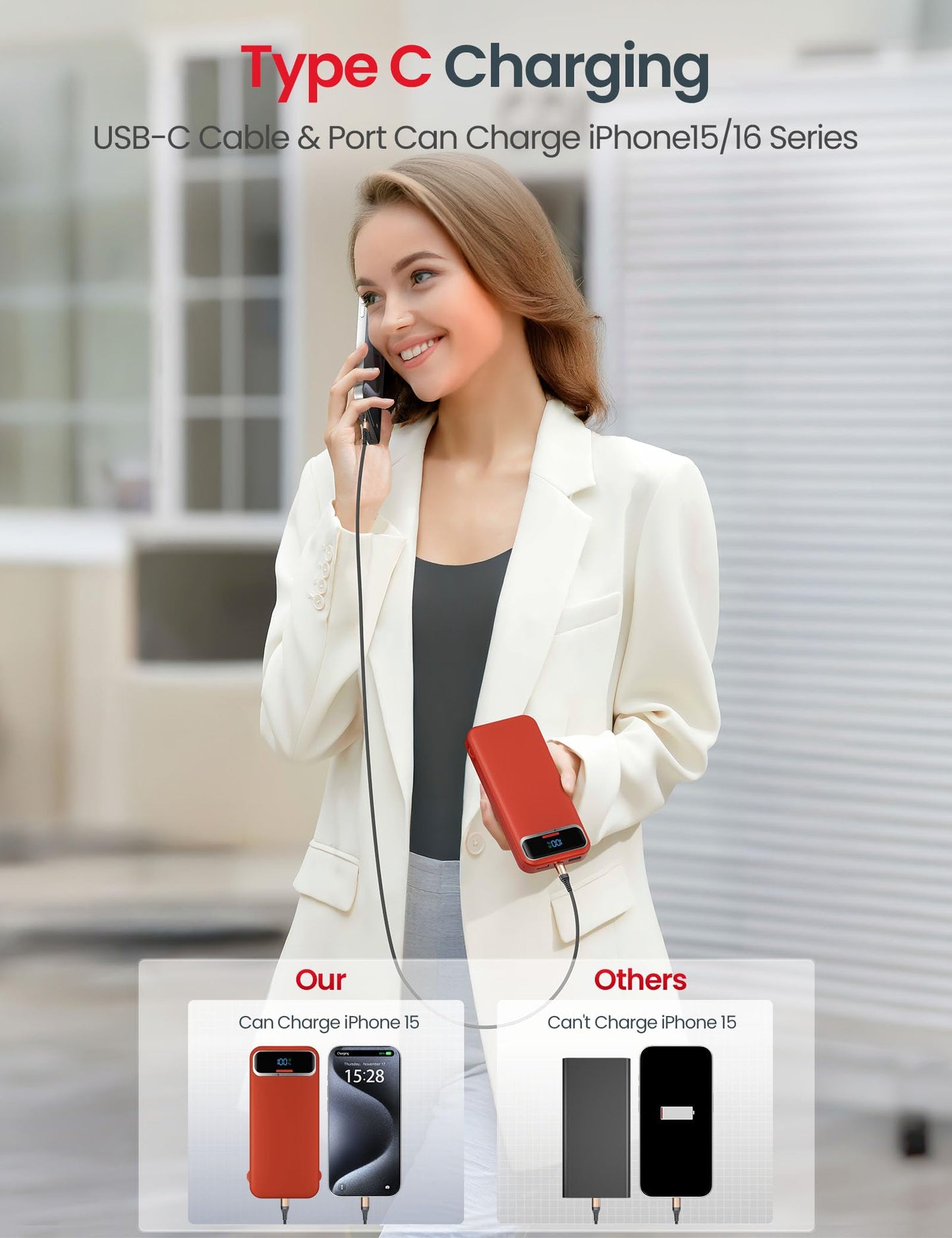 aonidi Portable Charger 12000mAh with Built-in Cables&AC Wall Plug, Red