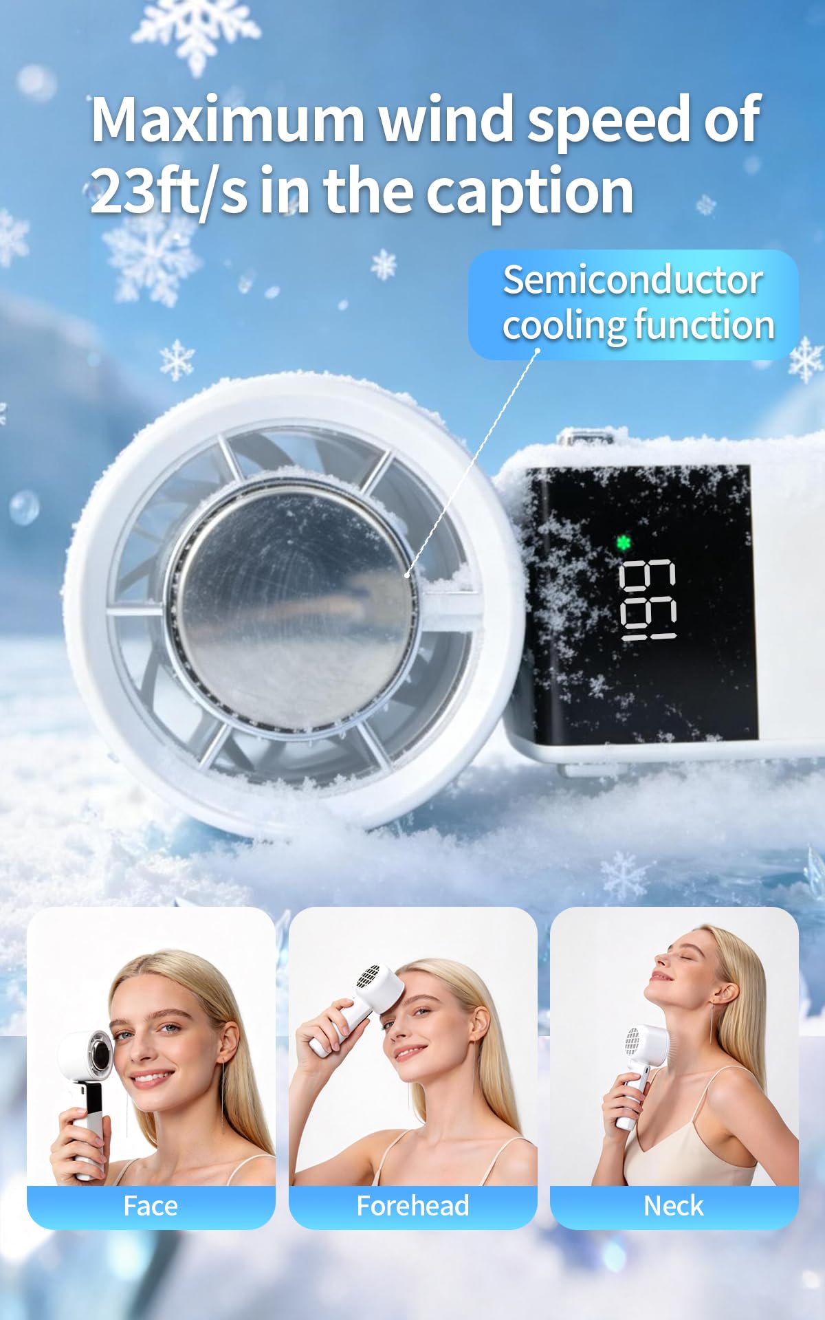 Vellunora Portable 3-in-1 Handheld Neck Fan, Semiconductor Cooling, 4000mAh Up to 13H Runtime, 11000RPM 7M/S Wind, 5 Speed Adjustable Quiet 50dB