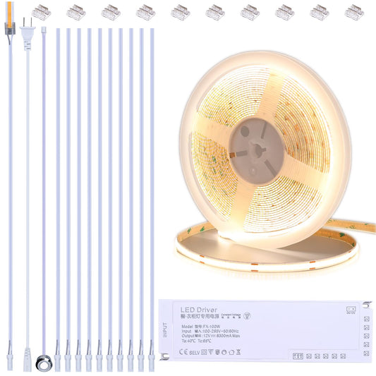 BENLUN 12V COB LED Under Cabinet Strip Lighting Kit 32.8ft, 4000K Natural White Cuttable LED Tape Lights 8W/M CRI 93 320LEDs/M with Dimmer and Power