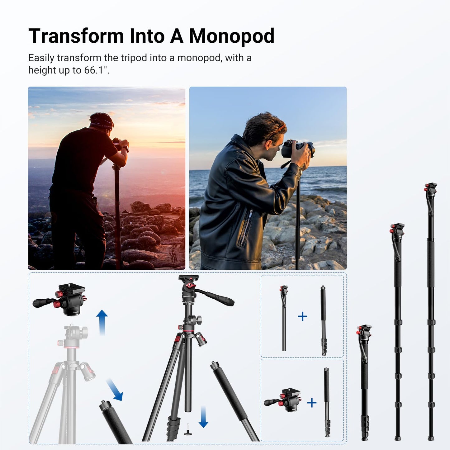 NEEWER Basics Overhead Camera Tripod Monopod with Fluid Head & Horizontal Center Column, 75.4 Inch Tall Metal DSLR Video Travel Stand, Arca Type QR