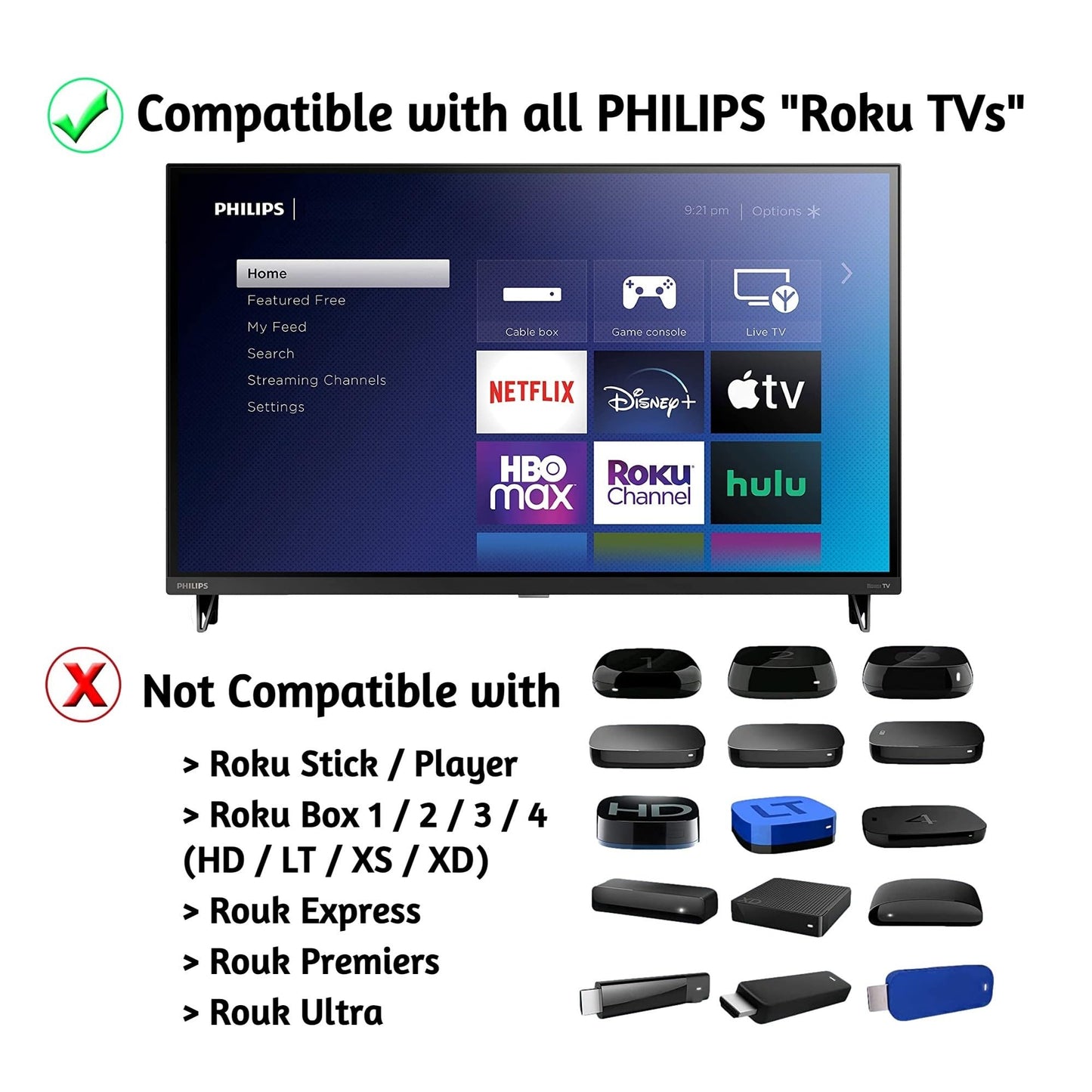 Replacement Remote Control Compatible with All Philips Roku TV Smart TVs?Only Works with Philips Roku TV, Not for Roku Stick and Roku Box?