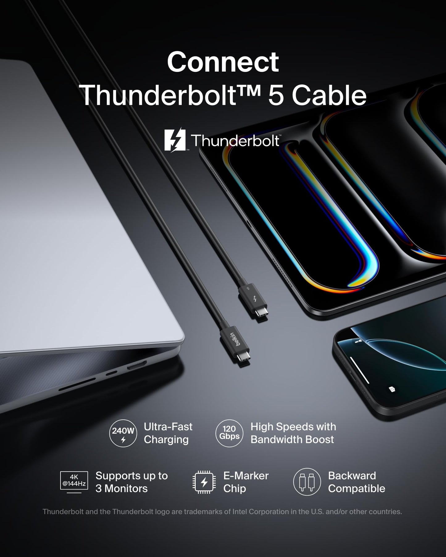 Belkin 3.3ft USB-C Thunderbolt 5 Cable w/ 240W Power Delivery, Bandwidth Boost Up to 120Gbps, 3x Faster Data Transfer, and 4K UHD Display Resolution