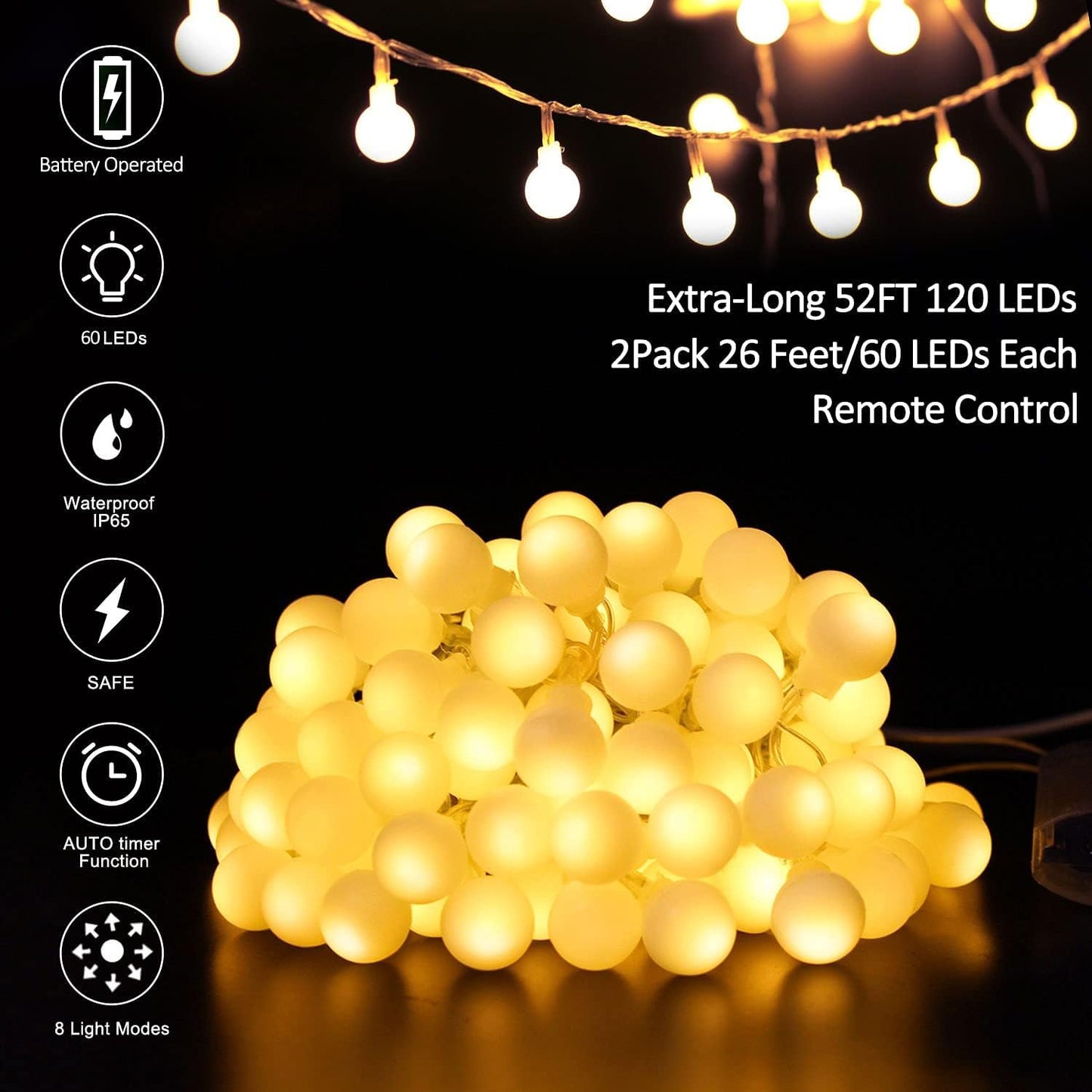 Battery Operated LED Globe String Lights, 2-Pack Total 52FT 120LEDs - Each 26FT 60LEDs 8 Mode Waterproof Christmas Fairy String Lights with Remote