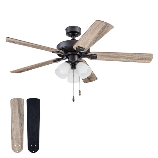 Portage Bay Ceiling Stannor 52" Bronze Indoor Fan with Frosted 3 Light LED Multi Arm E26/A15 Bulb and Pull-Chains, Traditional Style, 5 Reversible