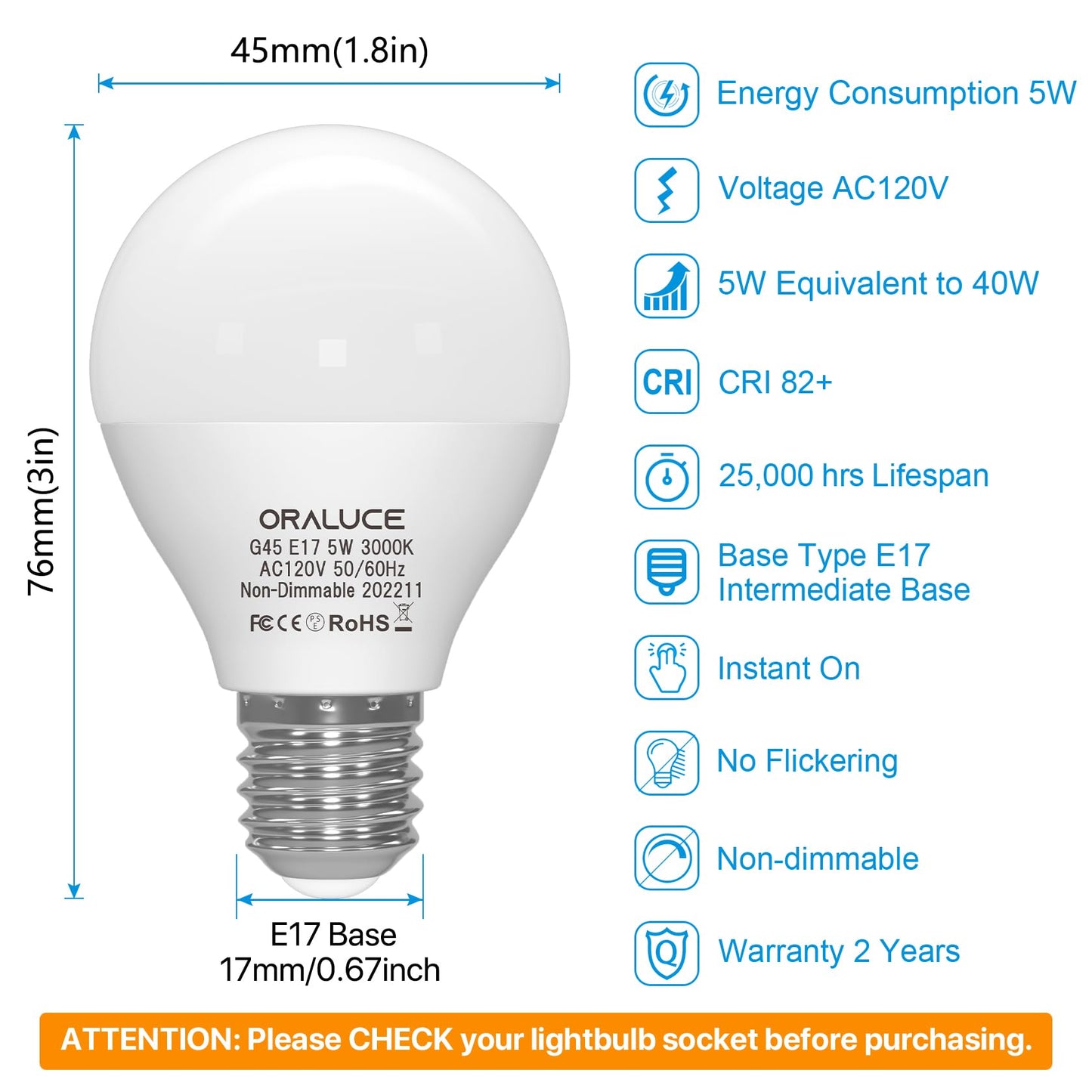 ORALUCE E17 LED Bulb 5 Watts Warm White 3000K, 40W Equivalent A15/G45 Globe Ceiling Fan Light Bulbs, 500 Lumens Non-Dimmable, 6 Pack