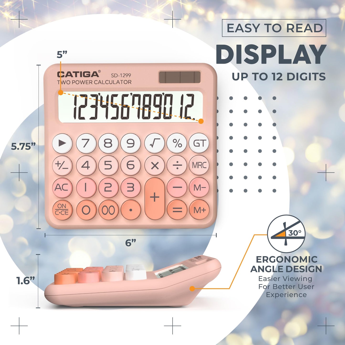CATIGA Mechanical Switch Calculator with Solar and Battery Dual Power, 12-Digit Large LCD Display, Aesthetic and Cute Desktop Calculator with Big