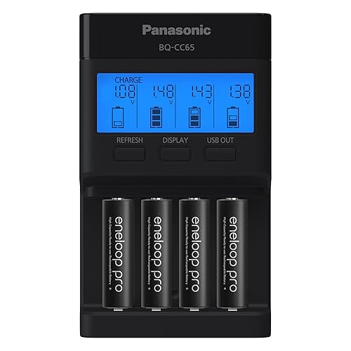 Panasonic K-KJ65KHA4BA Super Advanced 4-Position Quick Charger with LCD Indicator Panel, USB Charging Port and 4AA eneloop pro Rechargeable…