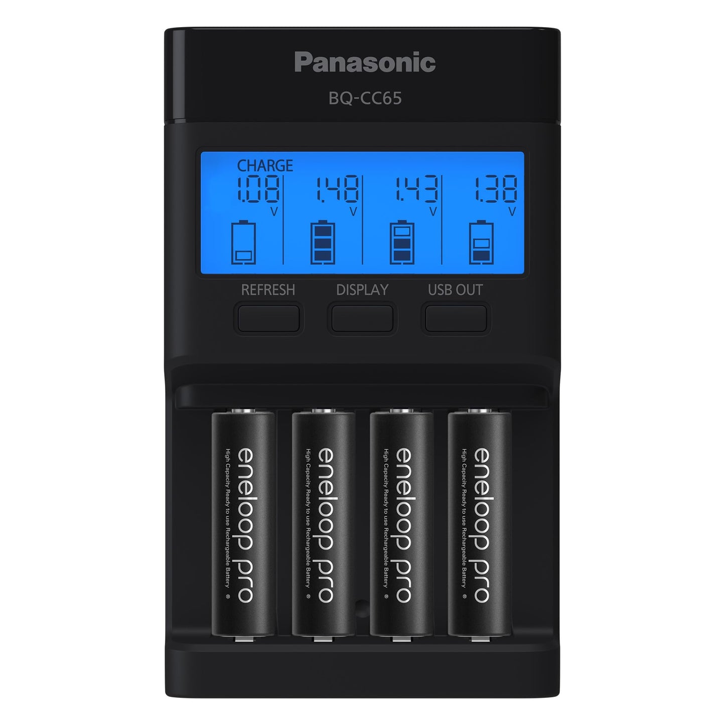 Panasonic K-KJ65KHA4BA Super Advanced 4-Position Quick Charger with LCD Indicator Panel, USB Charging Port and 4AA eneloop pro Rechargeable…