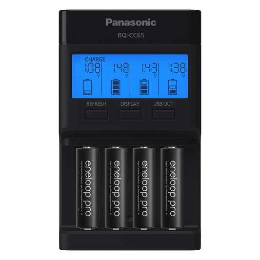 Panasonic K-KJ65KHA4BA Super Advanced 4-Position Quick Charger with LCD Indicator Panel, USB Charging Port and 4AA eneloop pro Rechargeable…