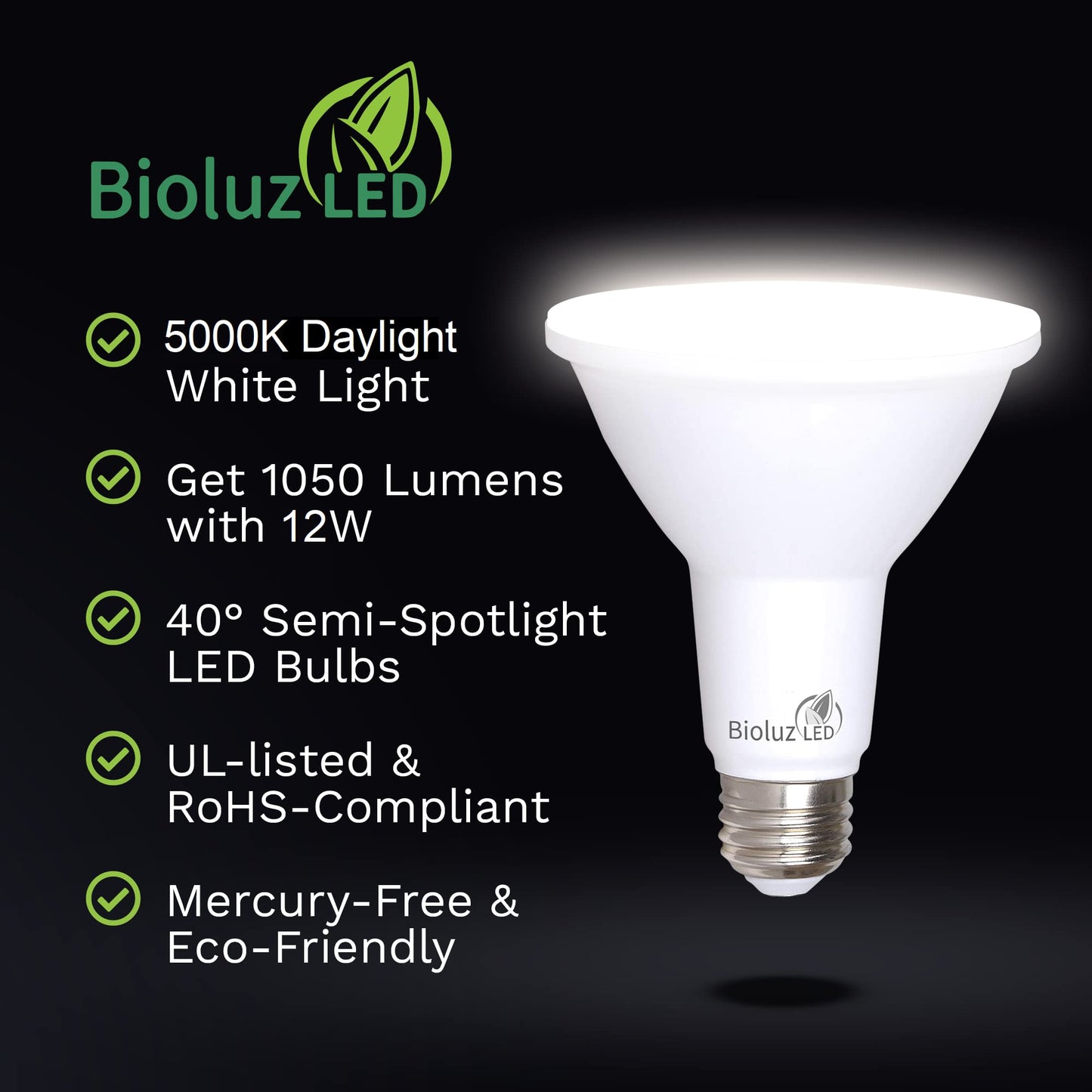 Bioluz LED 4 Pack PAR38 LED Light Bulb 90 CRI 12W = 100-120 Watt Replacement, Daylight 5000K, Dimmable Light Bulbs Flood Lights Outdoor/Indoor UL