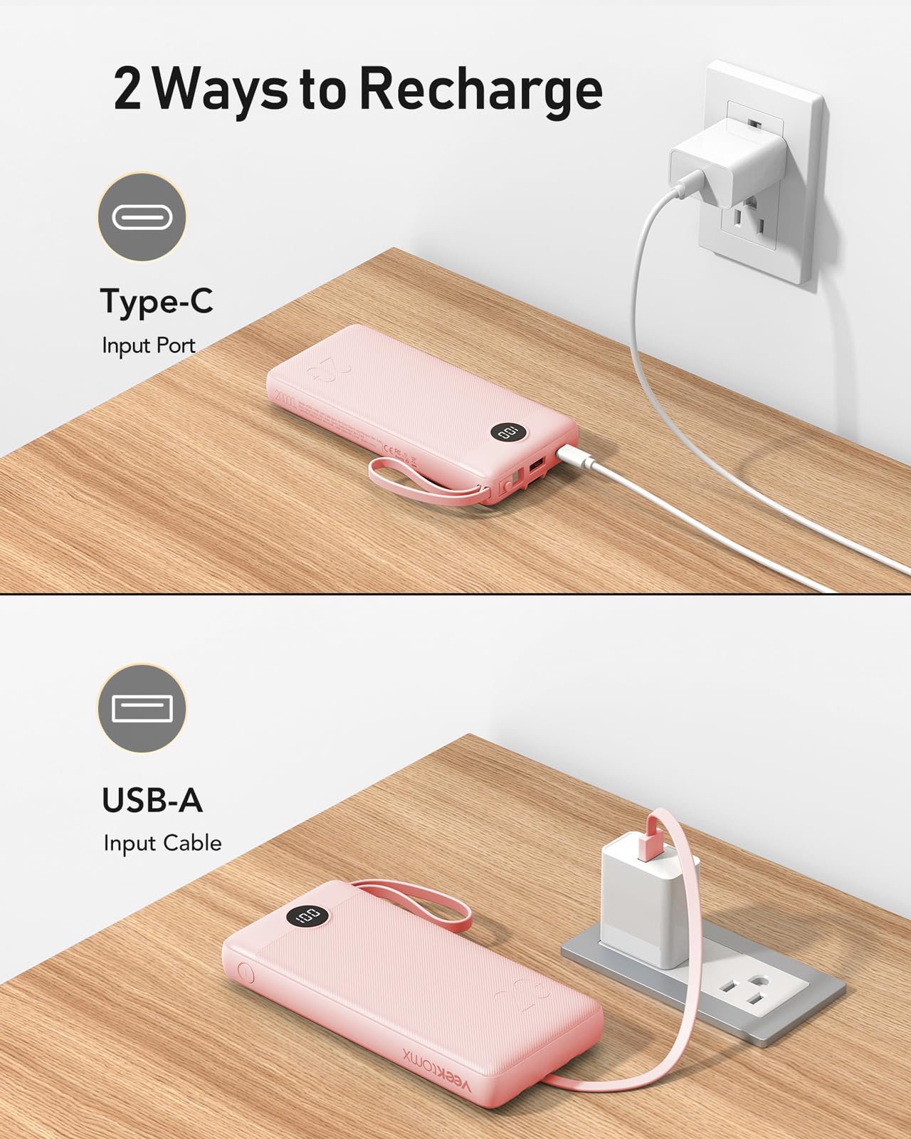 VEEKTOMX 20000mAh Portable Charger with Built-in USB-C & iPhone Cables, Fast Charge Power Bank, LED Display, 5-Output Travel Battery for iPhone