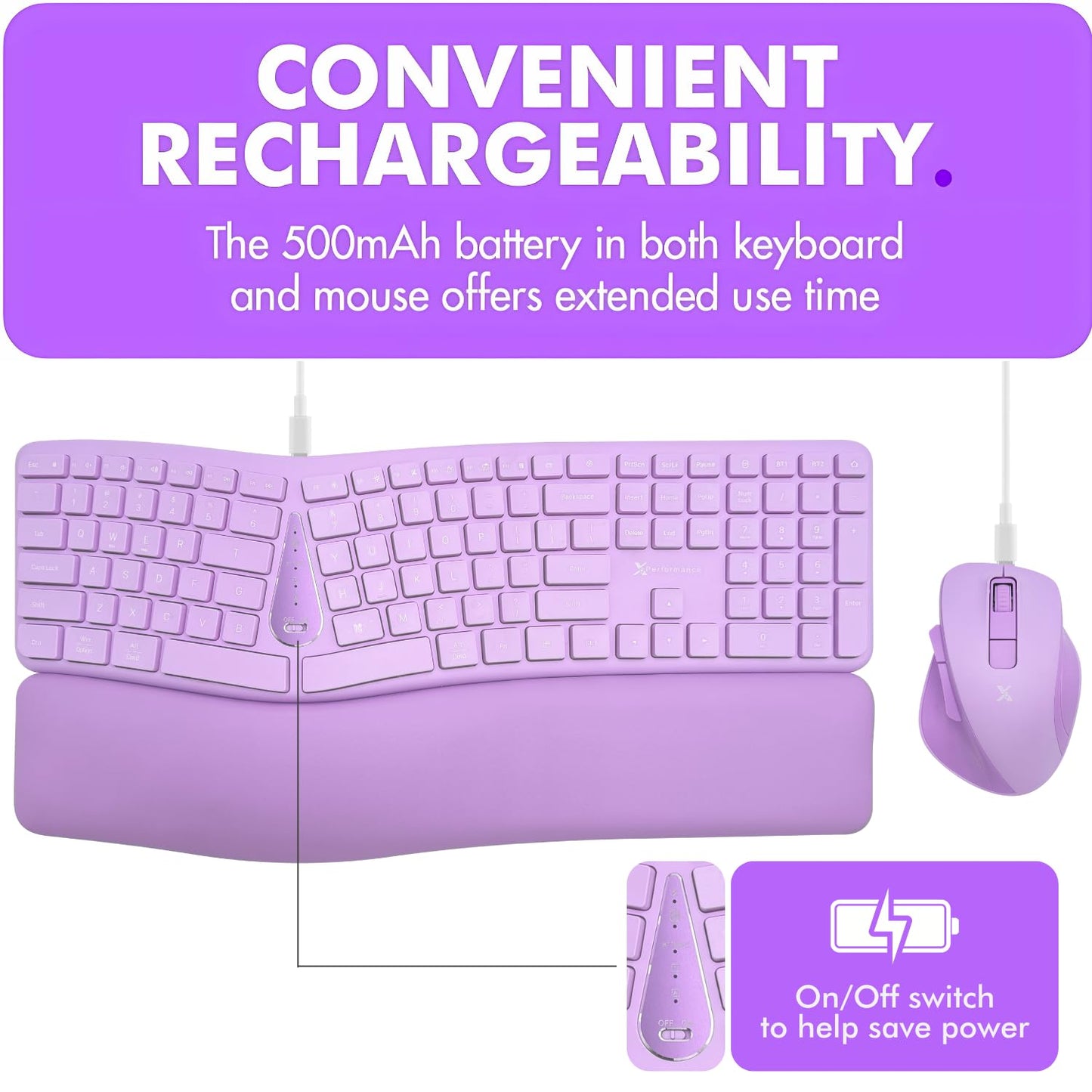 X9 Ergonomic Keyboard and Mouse Wireless Combo - Purple Keyboard and Mouse Wireless, Bluetooth/2.4G Split, Wrist Rest, Rechargeable, Silent Ergo Keys