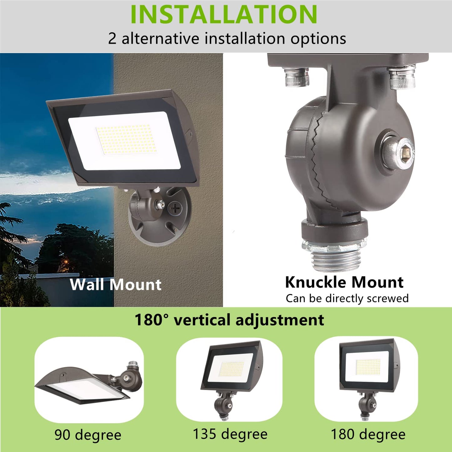 ECCFUTLL 80W Outdoor LED Flood Light with 1/2" Knuckle Mount (Plate Included), 5000K Daylight 9600LM 120V, UL Waterproof LED Security Flood Lighting