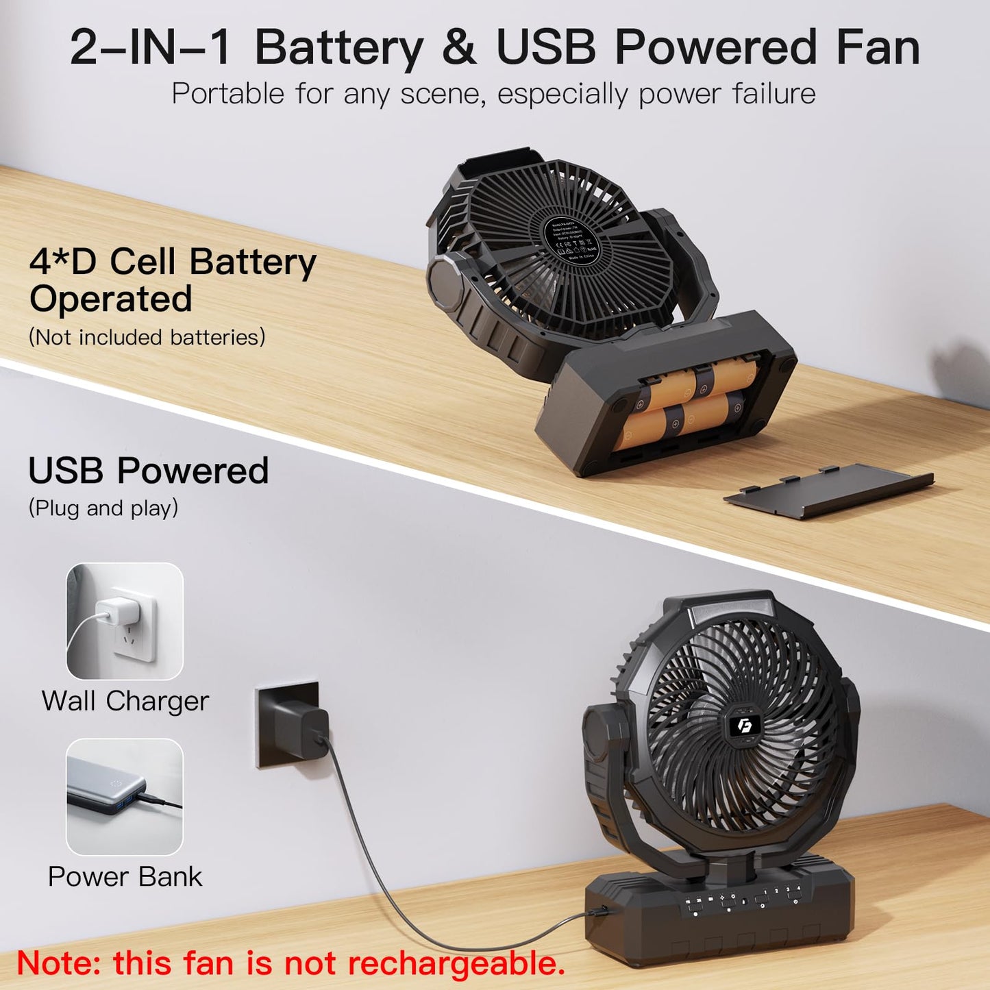 Wavmill Battery Operated Fan [200H Max], 2 IN 1 D-Cell Battery & USB Powered Fans, Portable Camping Fan with 4 Speeds, Light, Timer, Remote