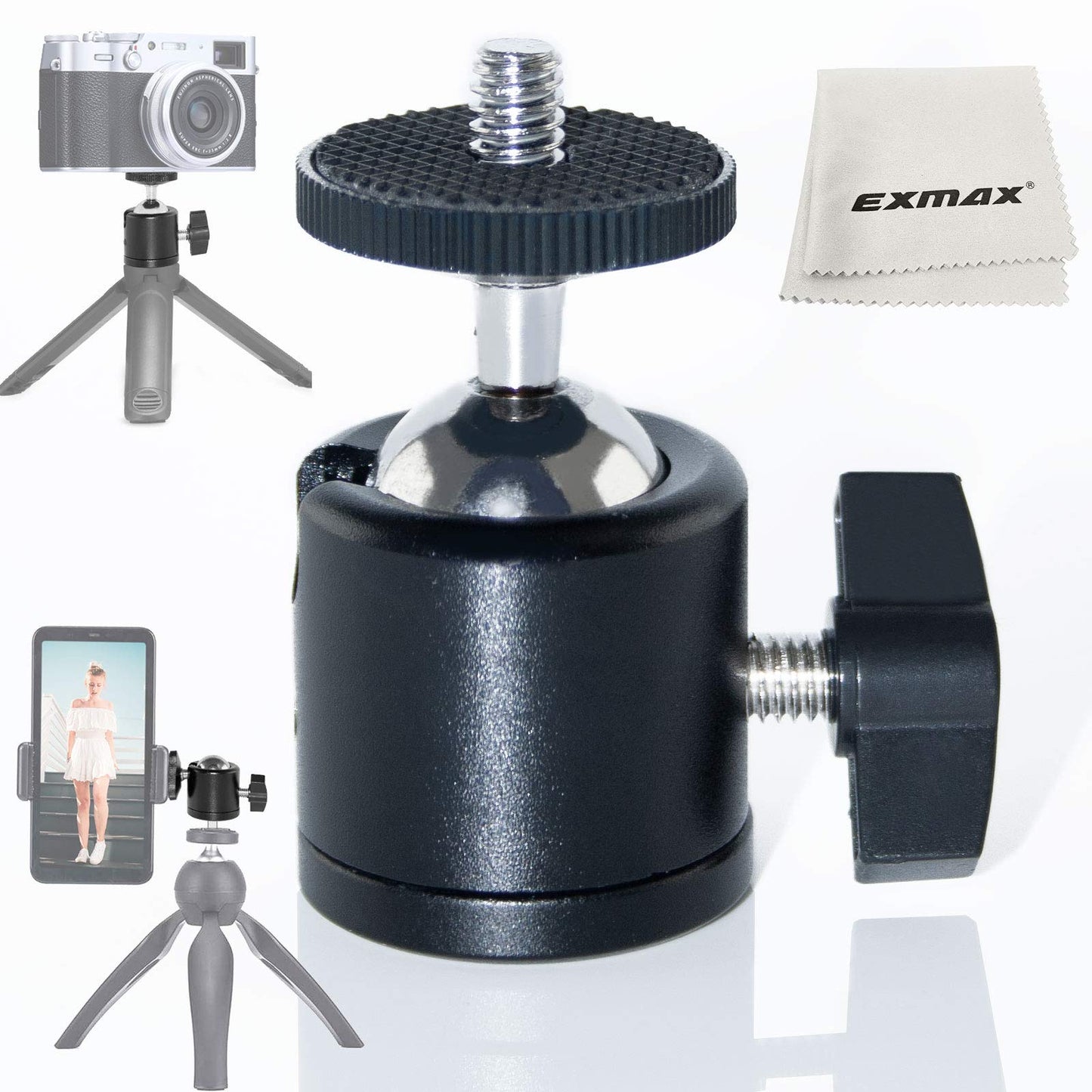 EXMAX 360 Degree Aluminum Alloy Body Rotating Swivel Mini Tripod Ball Head with 1/4" Screw Thread Base Mount for Lighter DSLR Camera Camcorder LED