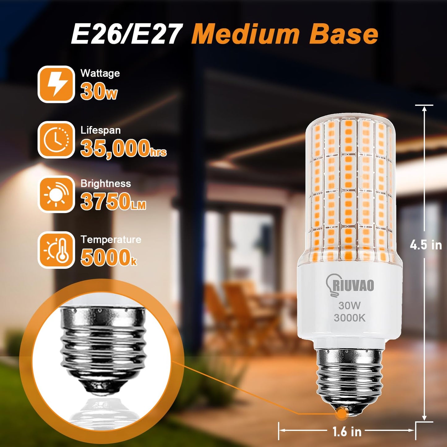 RIUVAO LED Corn Light Bulb 300w Equivalent 3750Lumen 3000K Cool Daylight White 30W E26/E27 Base Ceiling Fan Led Light Bulb for Home Garage Warehouse