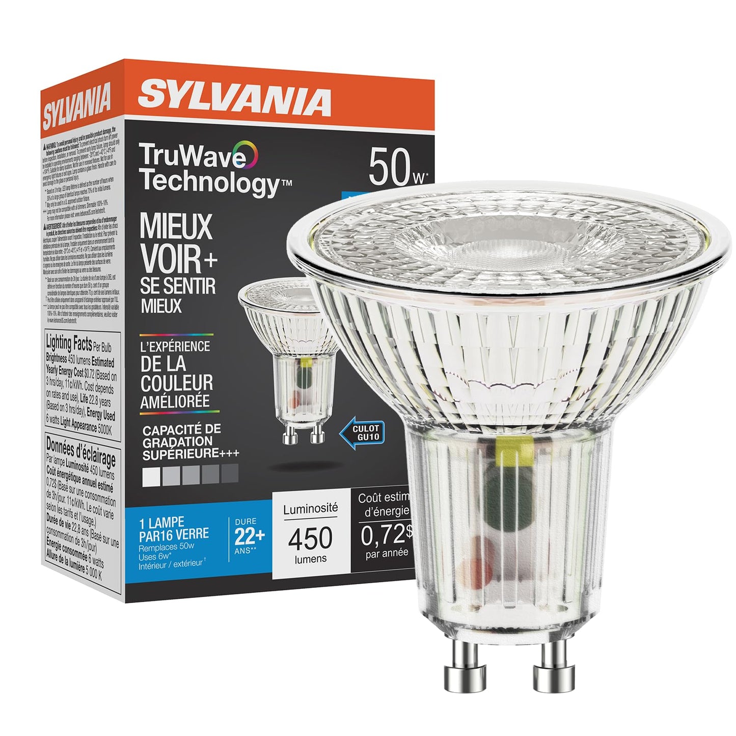 Sylvania LED TruWave Natural Series PAR16 Light Bulb, 50W Equivalent Efficient 6W, GU10 Bi-Pin Base, Dimmable, 3000K, White - 1 Pack (40932)