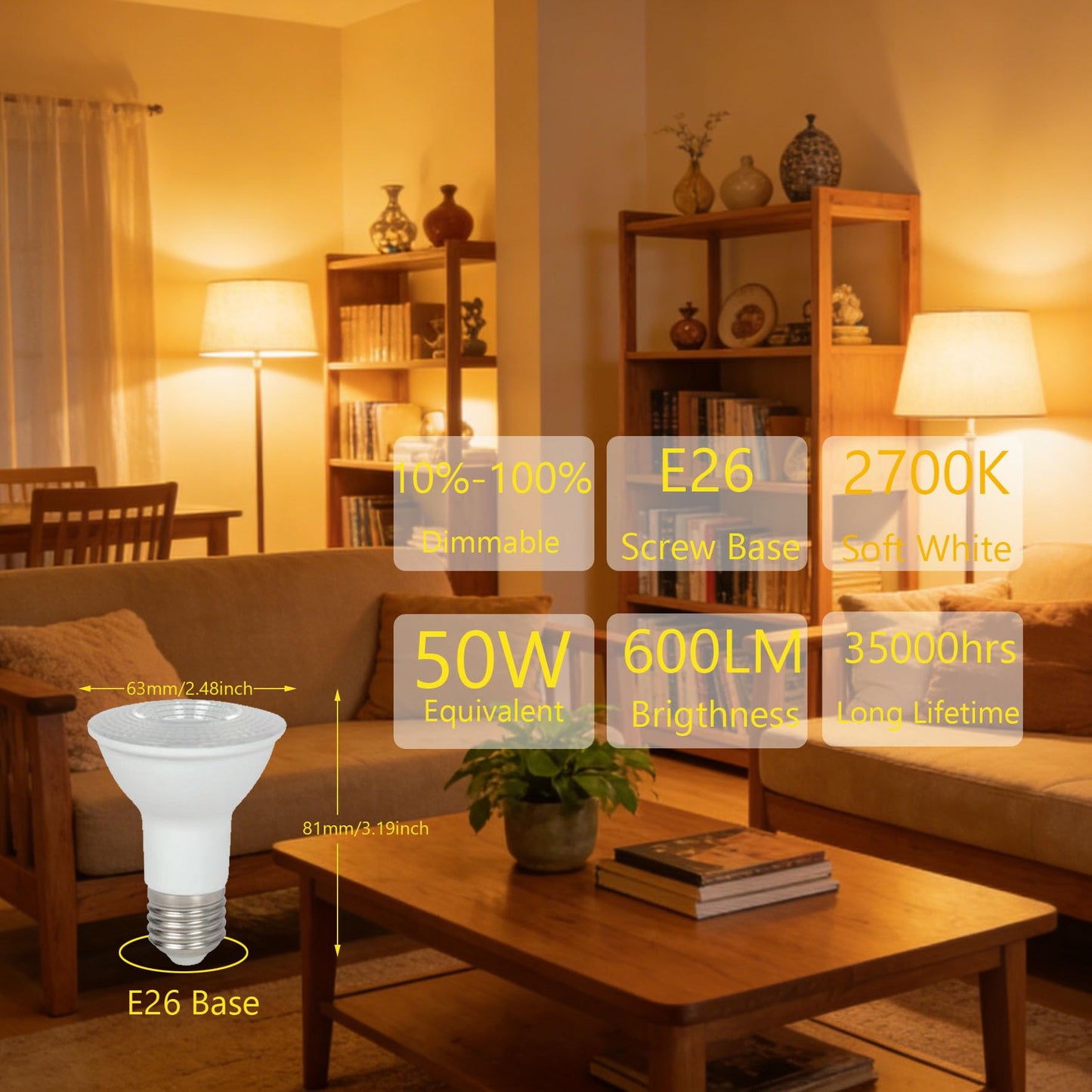 xmpuertai PAR20 LED Light Bulb, 50W Equivalent, 7W, 600 LM, E26 Base, Dimmable, Energy Efficient, 4 Pack (2700K Soft White)
