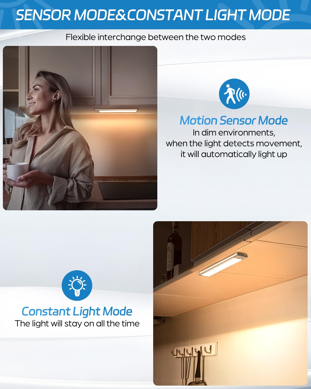 HIBOITEC Led Under Cabinet Lighting Motion Sensor Under Counter Light with 1000mah Rechargeable Battery, 30 LEDs Wireless Cabinet Lighting