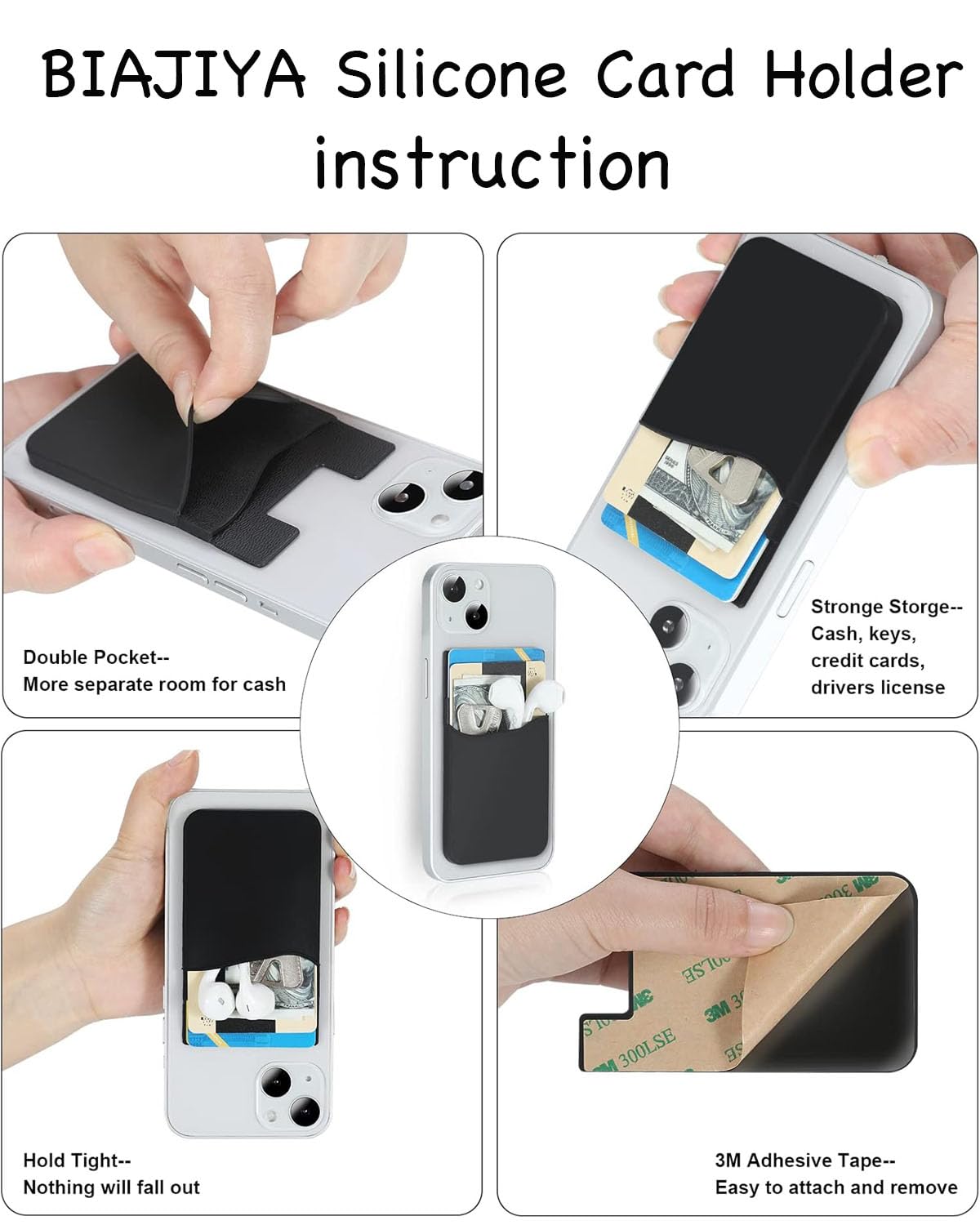 BIAJIYA Card Holder for Phone Case, Silicone Phone Card Holder Stick On Phone Wallet, Sticky Wallet ID/Credit Card Holder Pouch for iPhone Samsung