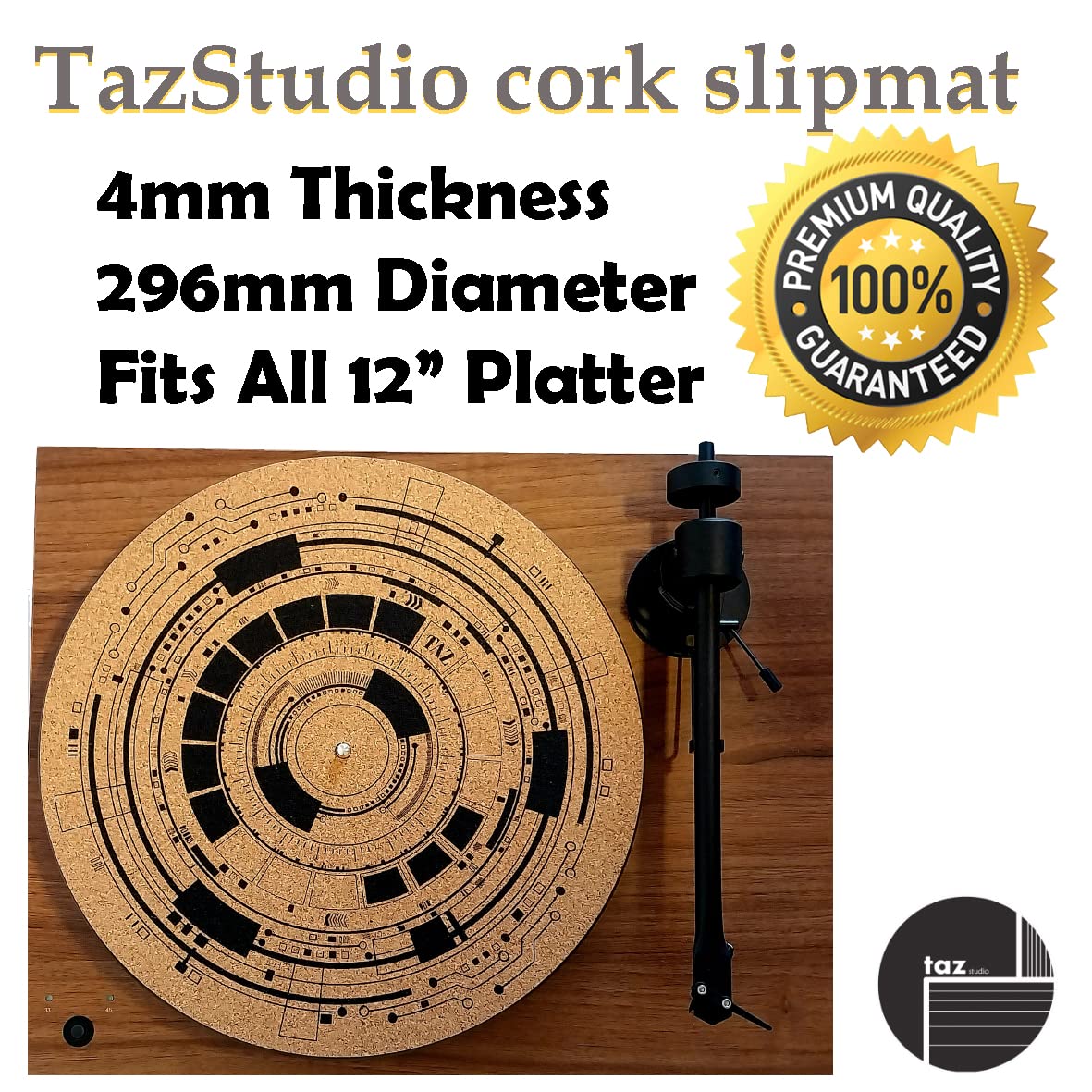 TazStudio Premium slipmat - Cork Turntable Mat [4mm Thick] for Better Sound Support on Vinyl LP Record Player - Cork mat Original Geometric Design