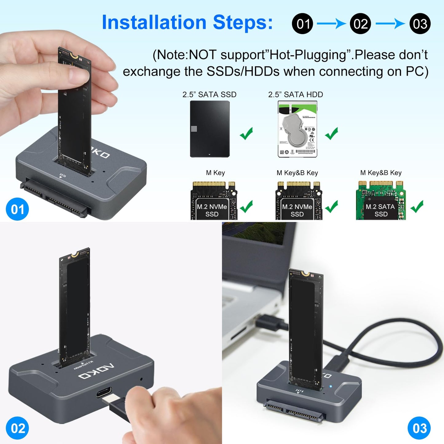 AOKO NVMe to USB 3.2(10Gbps) SSD Reader Docking Station - Portable M.2 SSD to USB Adapter External NVMe SSD Enclosure for M.2 PCIe NVMe and M.2 SATA