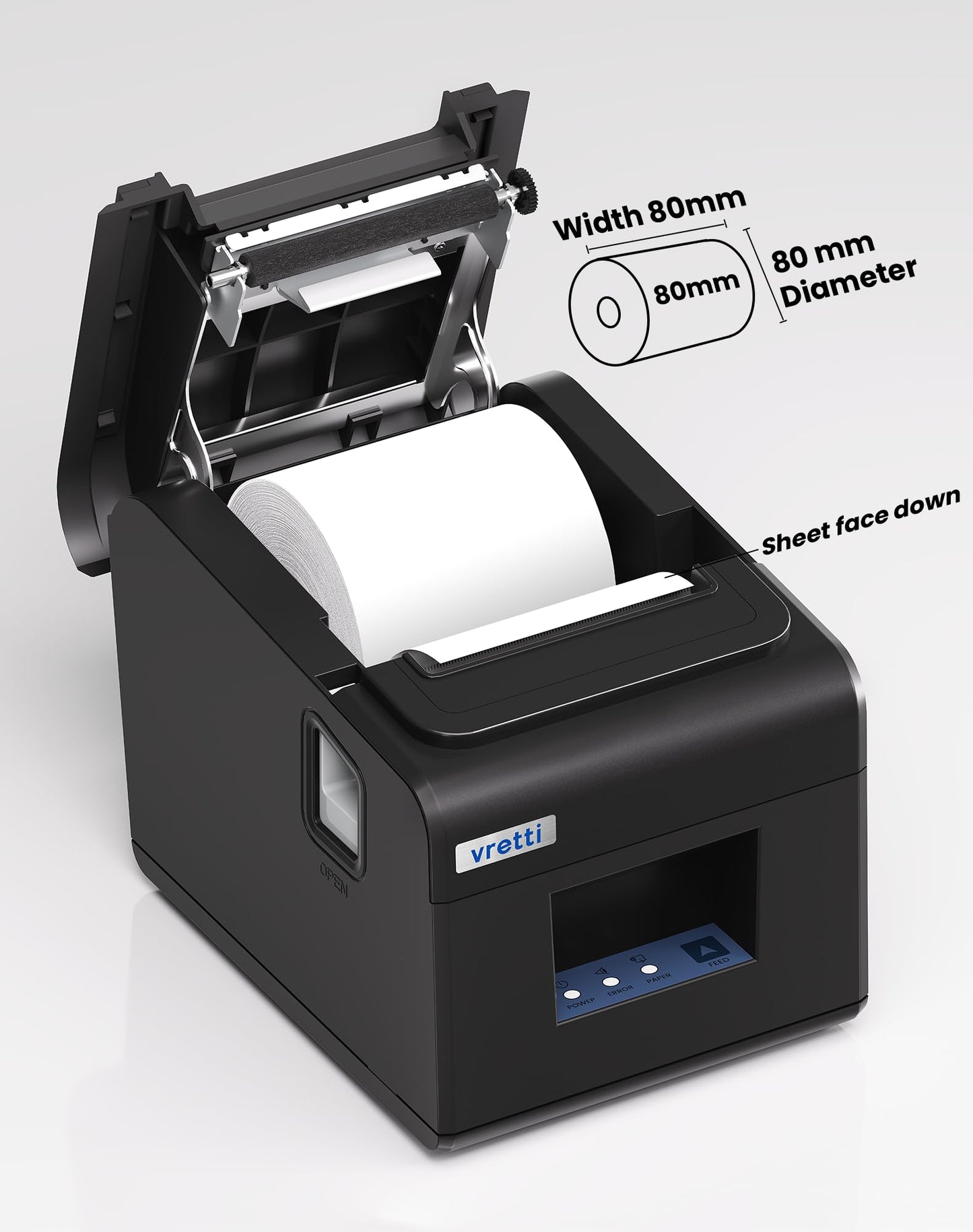 vretti Thermal Receipt Printer, 3'1/8 80mm Direct Thermal Printer with USB Serial LAN Port - Kitchen POS Printer ESC/POS Command Support Cash Drawer